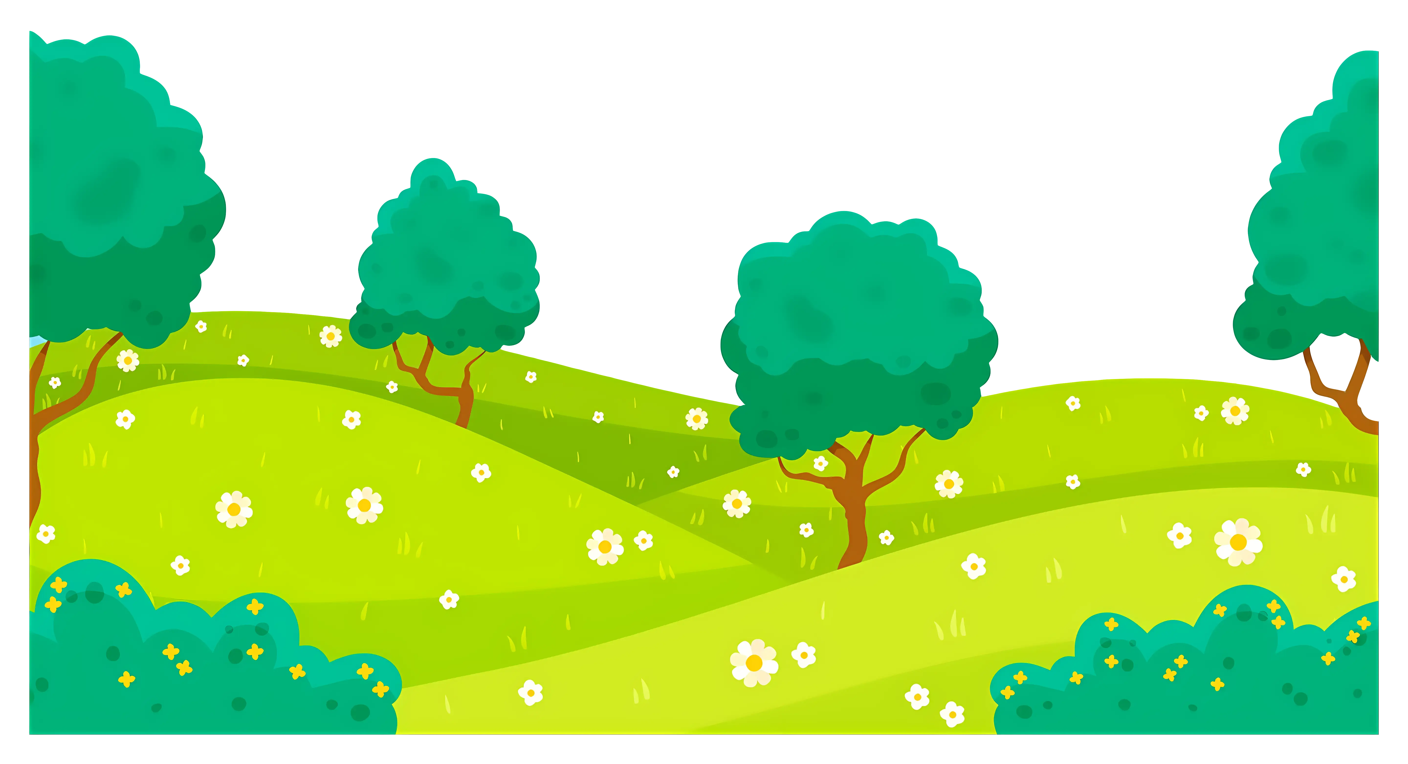 Green Hilly Landscape with Trees and Flowers