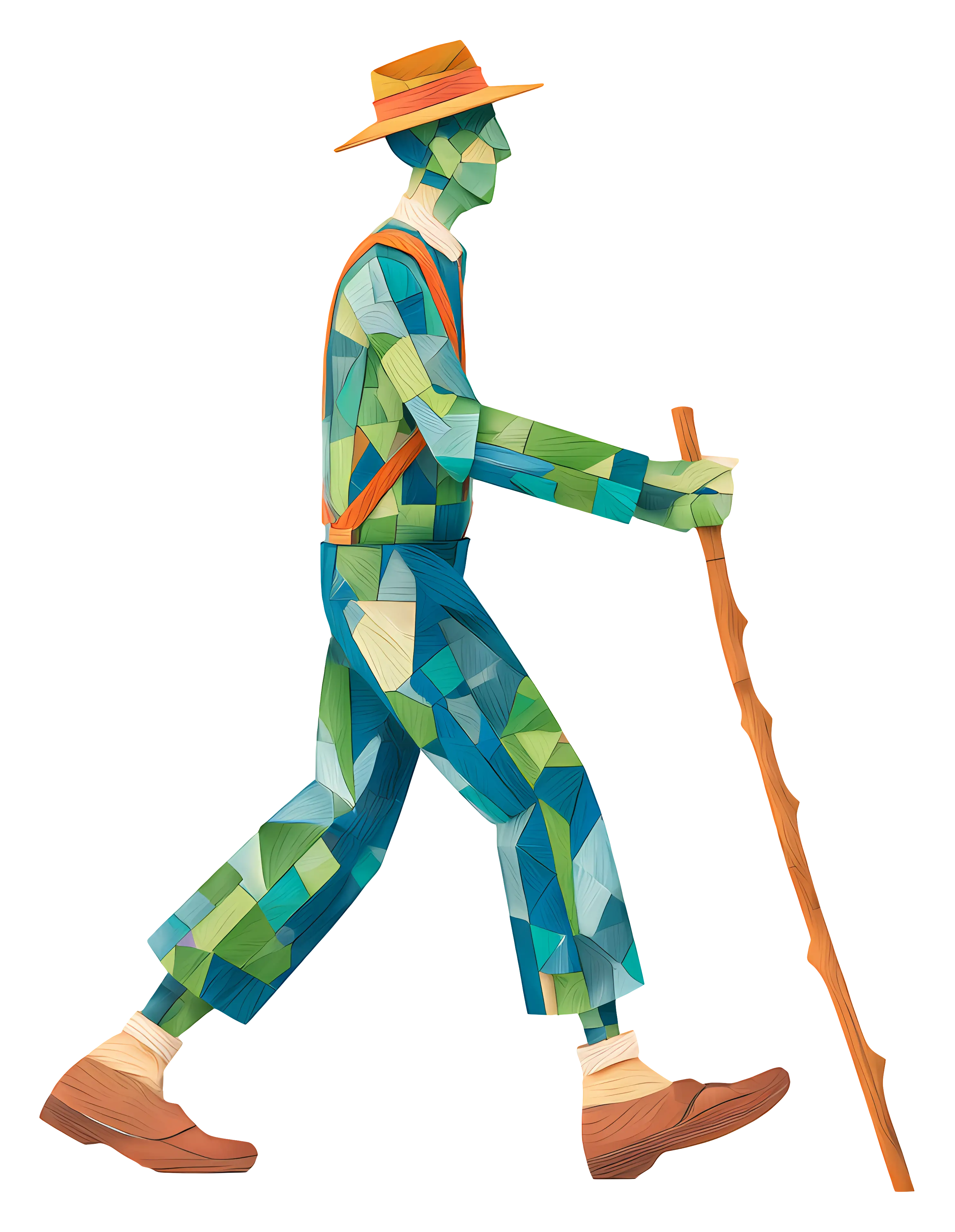 Colorful Hiker with Walking Stick