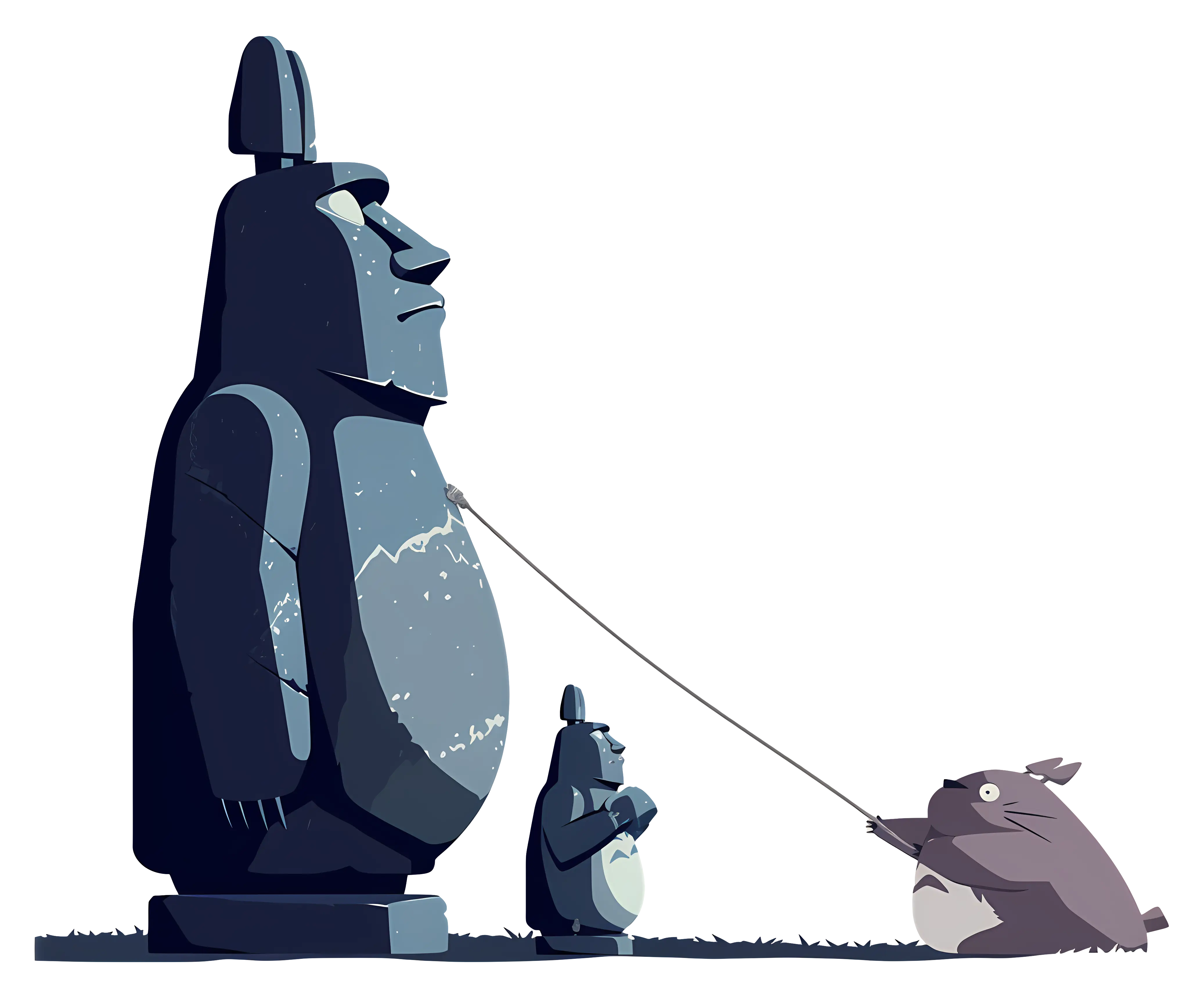 Totoro and Statues in Cartoon Style