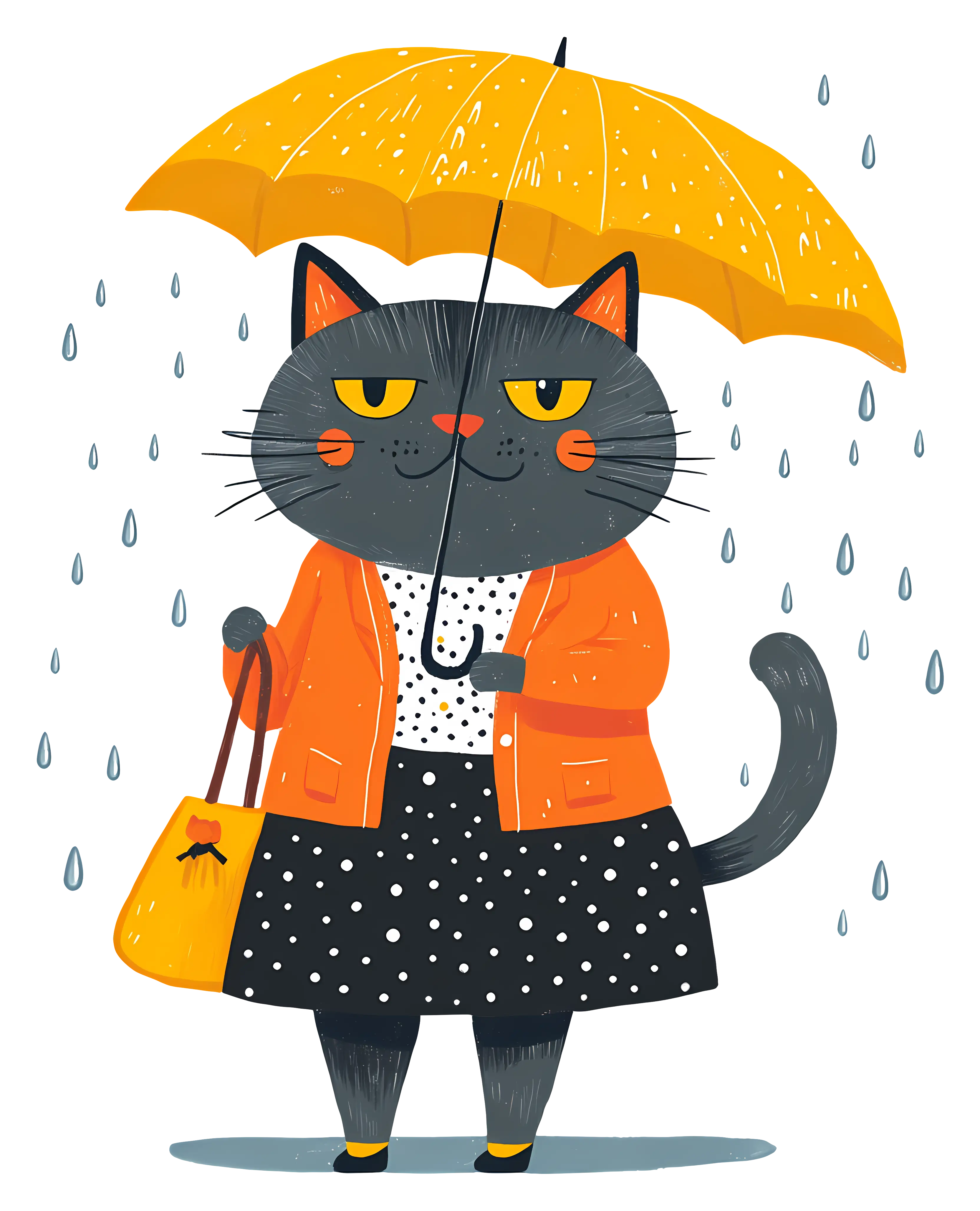 Cartoon Cat with Yellow Umbrella on a Rainy Day