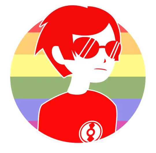 Red Character with Glasses and Rainbow Background