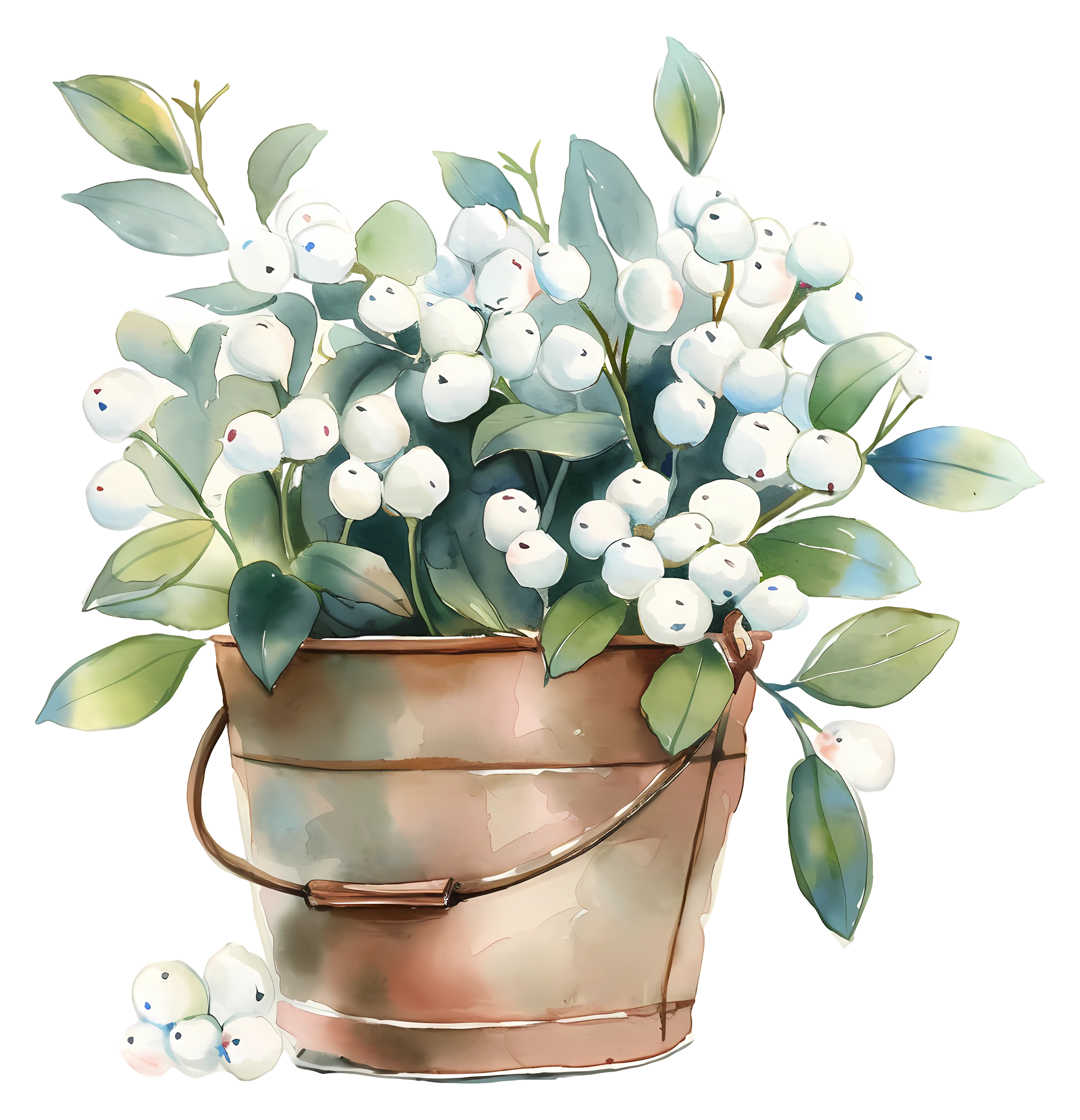 Bucket with White Berries and Green Leaves