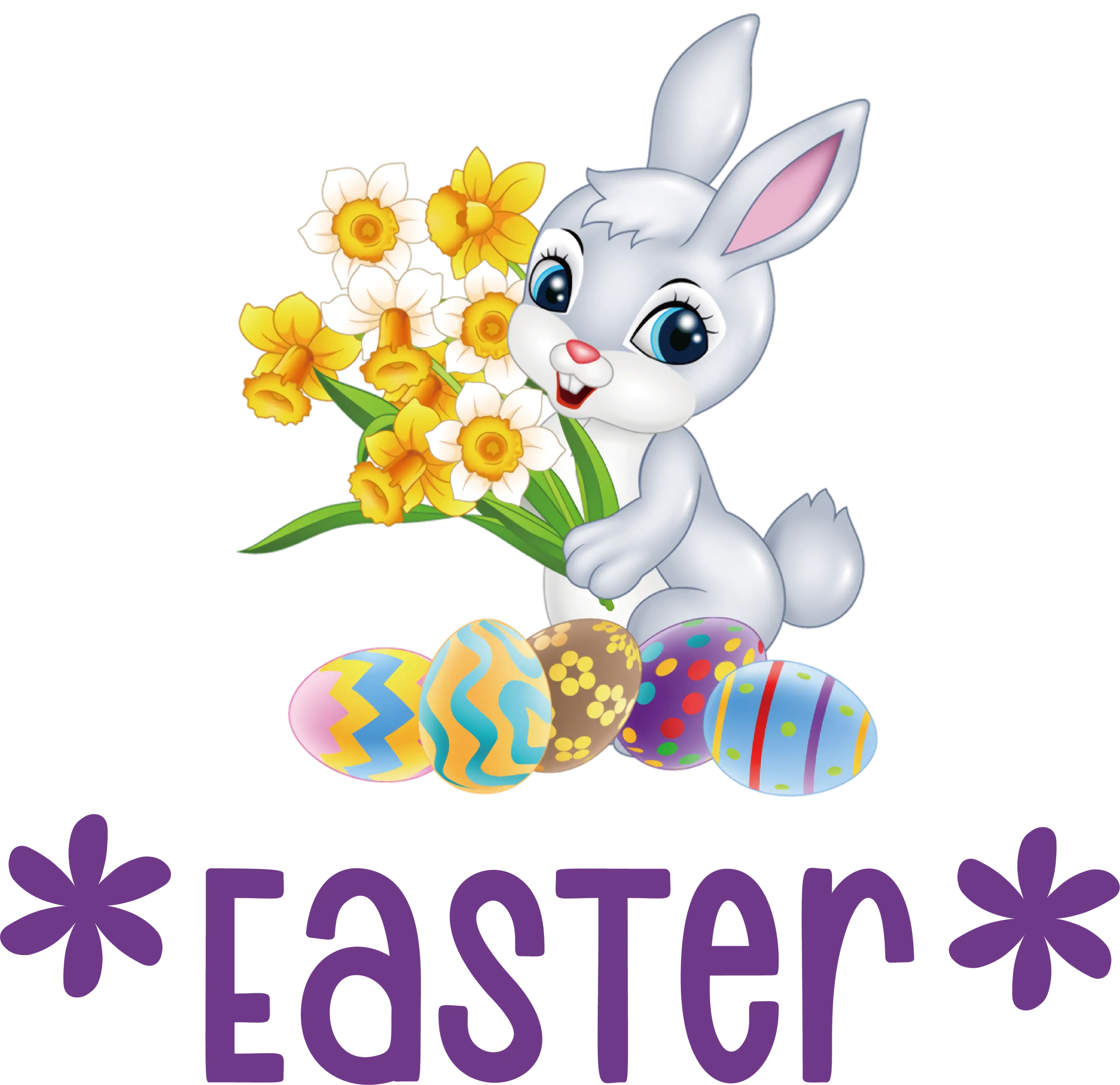 Easter Bunny with Flowers and Painted Eggs