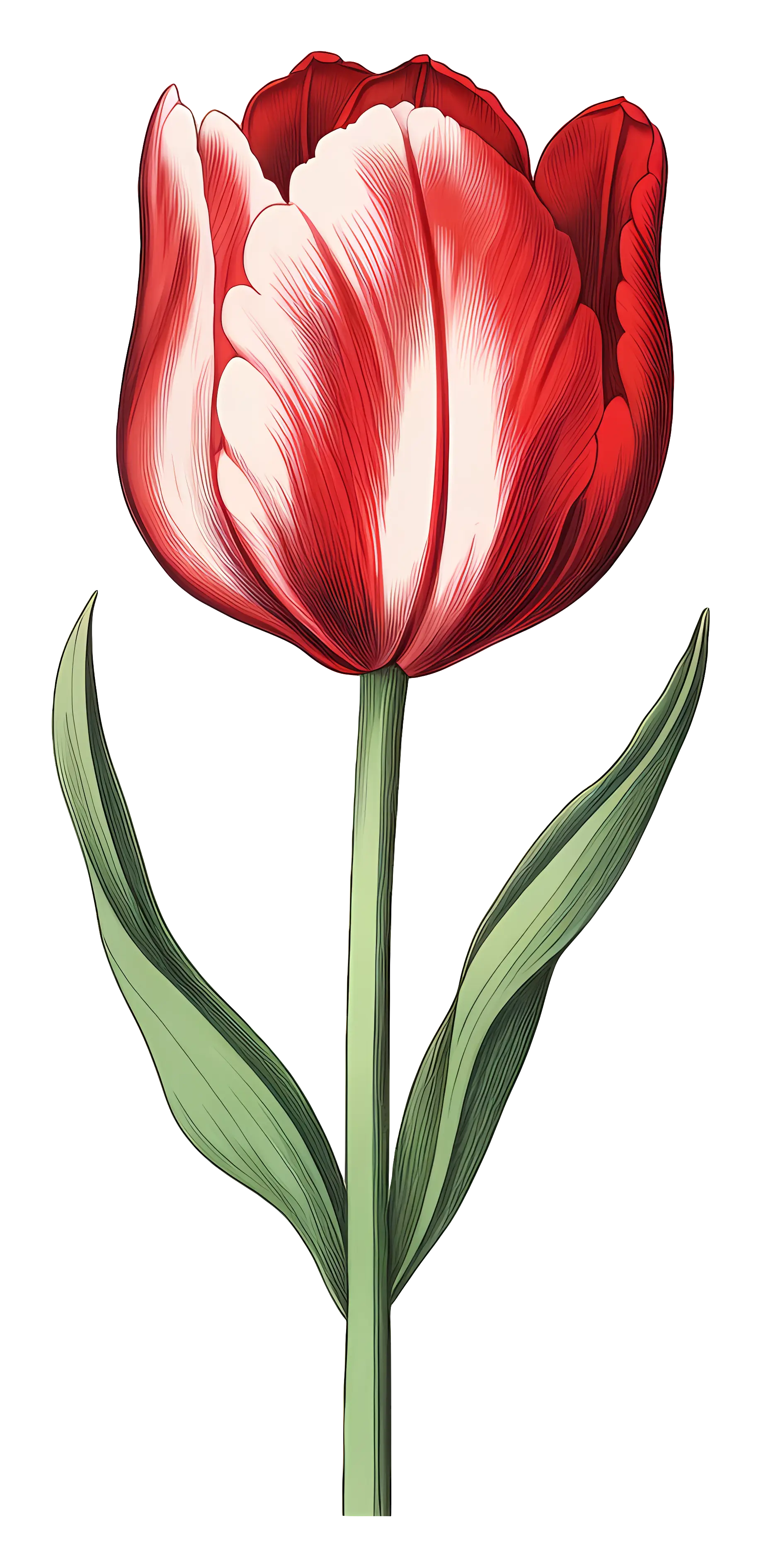 Red and White Tulip Botanical Drawing Illustration