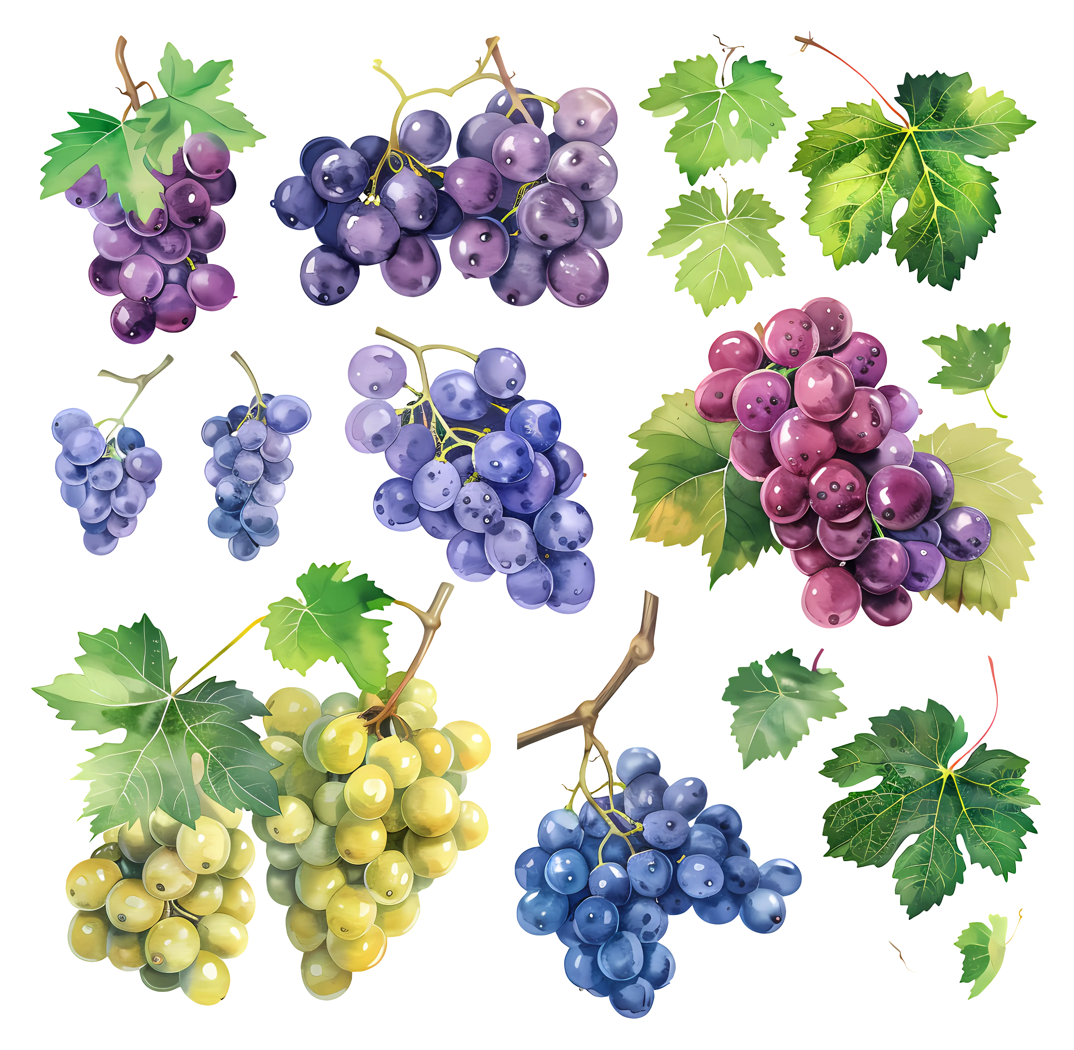 Illustration of Grapes Bunches and Leaves
