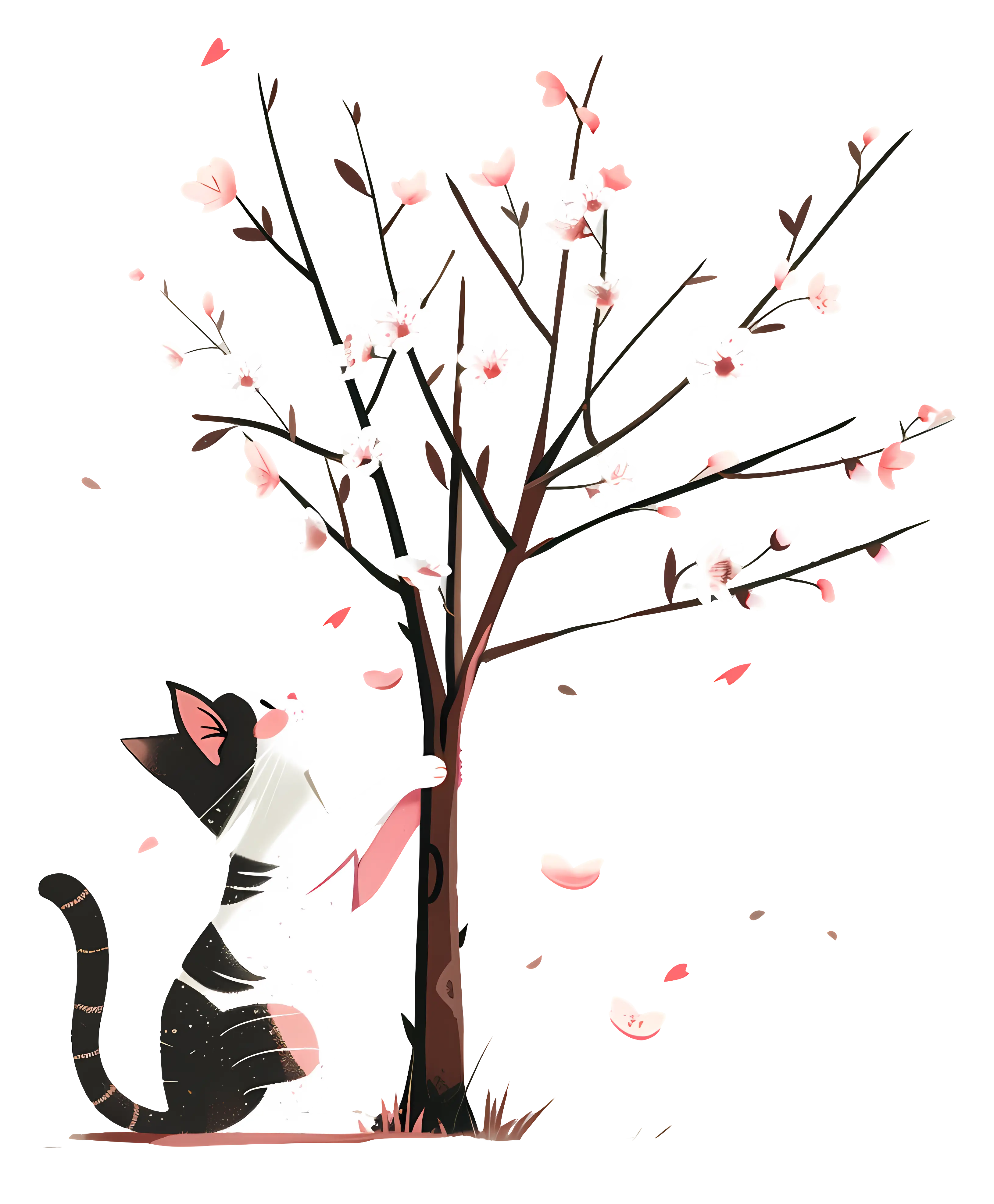 Cat and Blossoming Tree Illustration