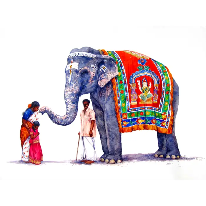 Colorful Decorated Elephant with People