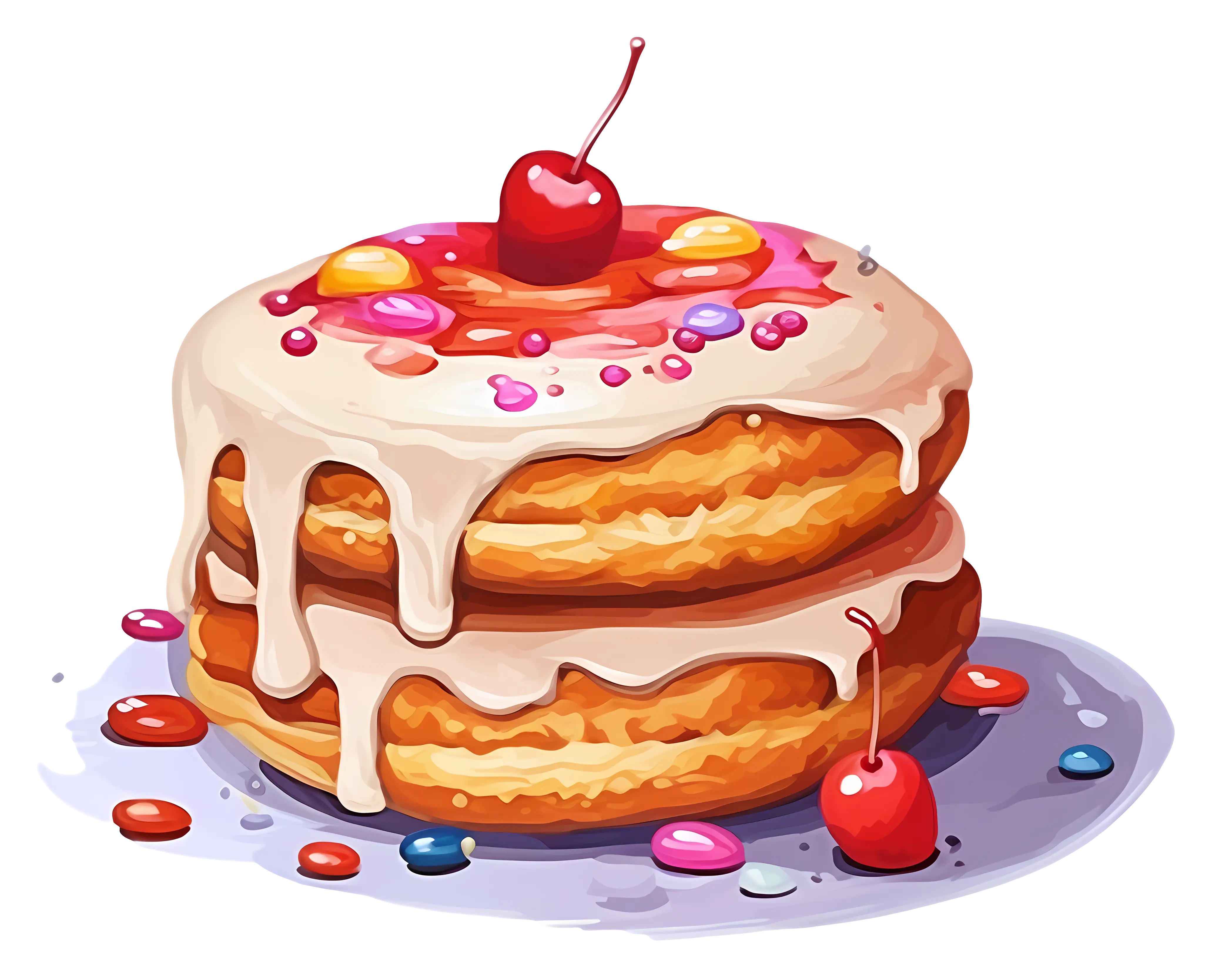 Delicious Frosted Cake with Colorful Toppings and Cherries