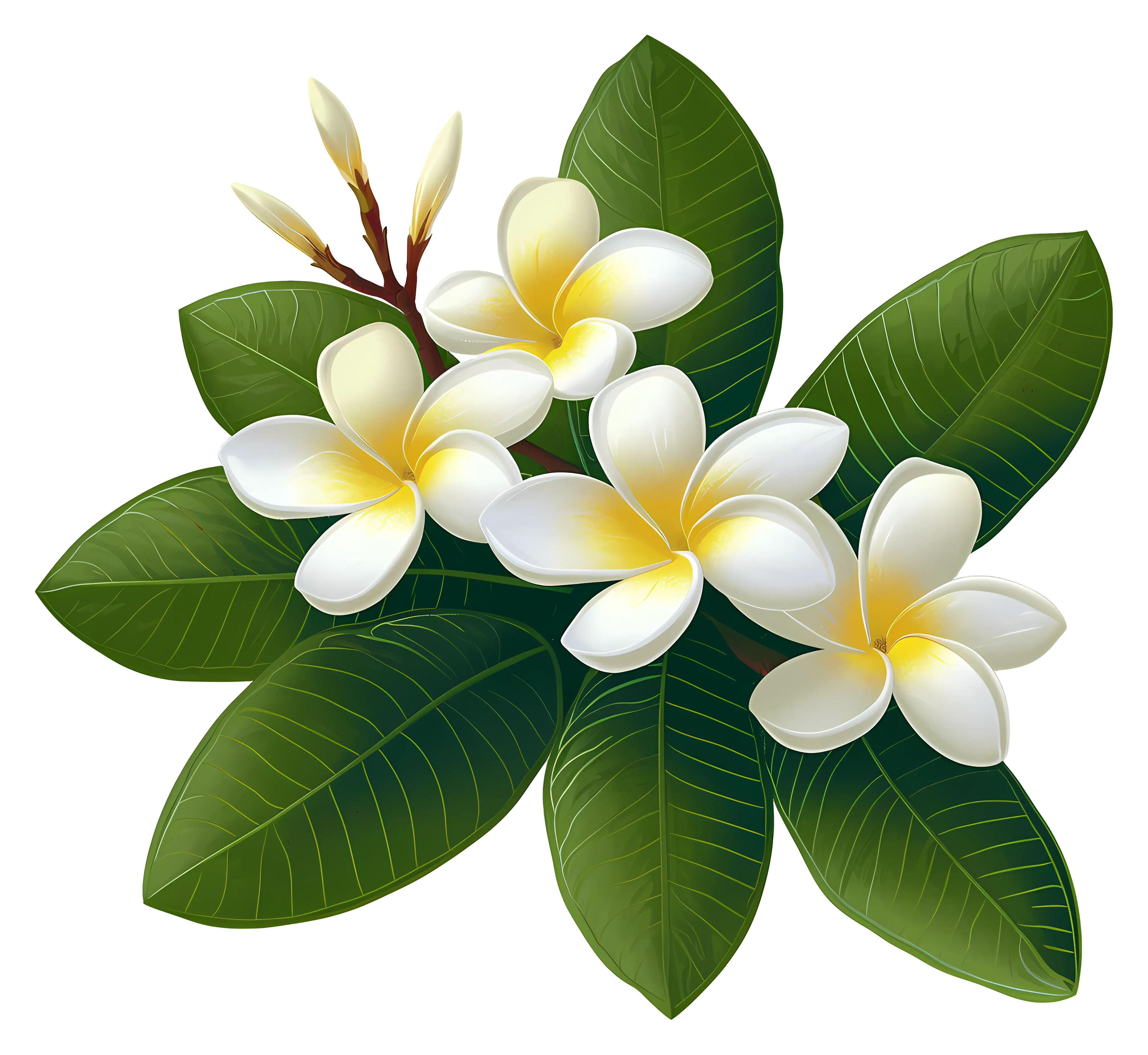 White Plumeria Flowers with Green Leaves