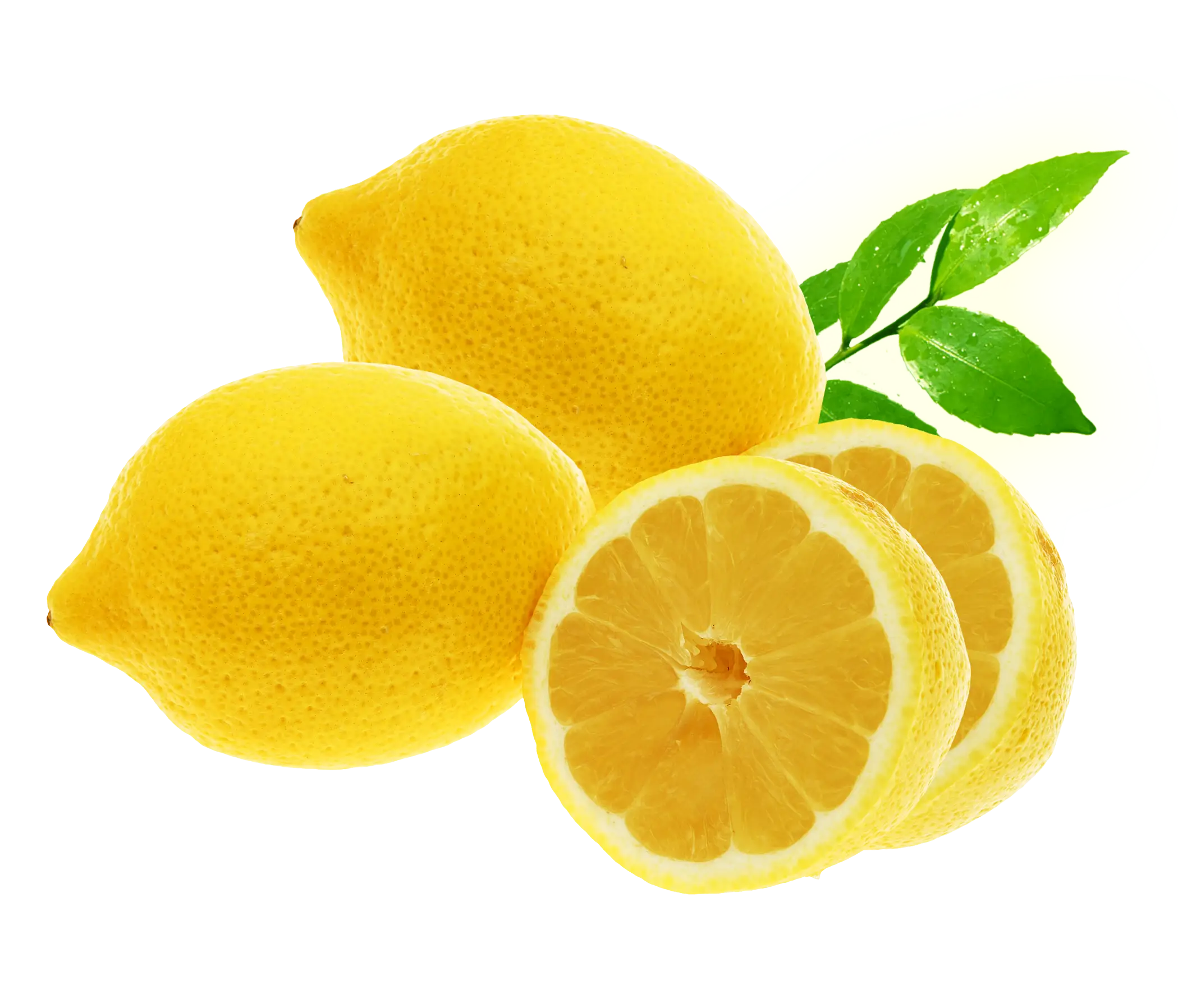 Yellow Lemons with Green Leaves and Slices