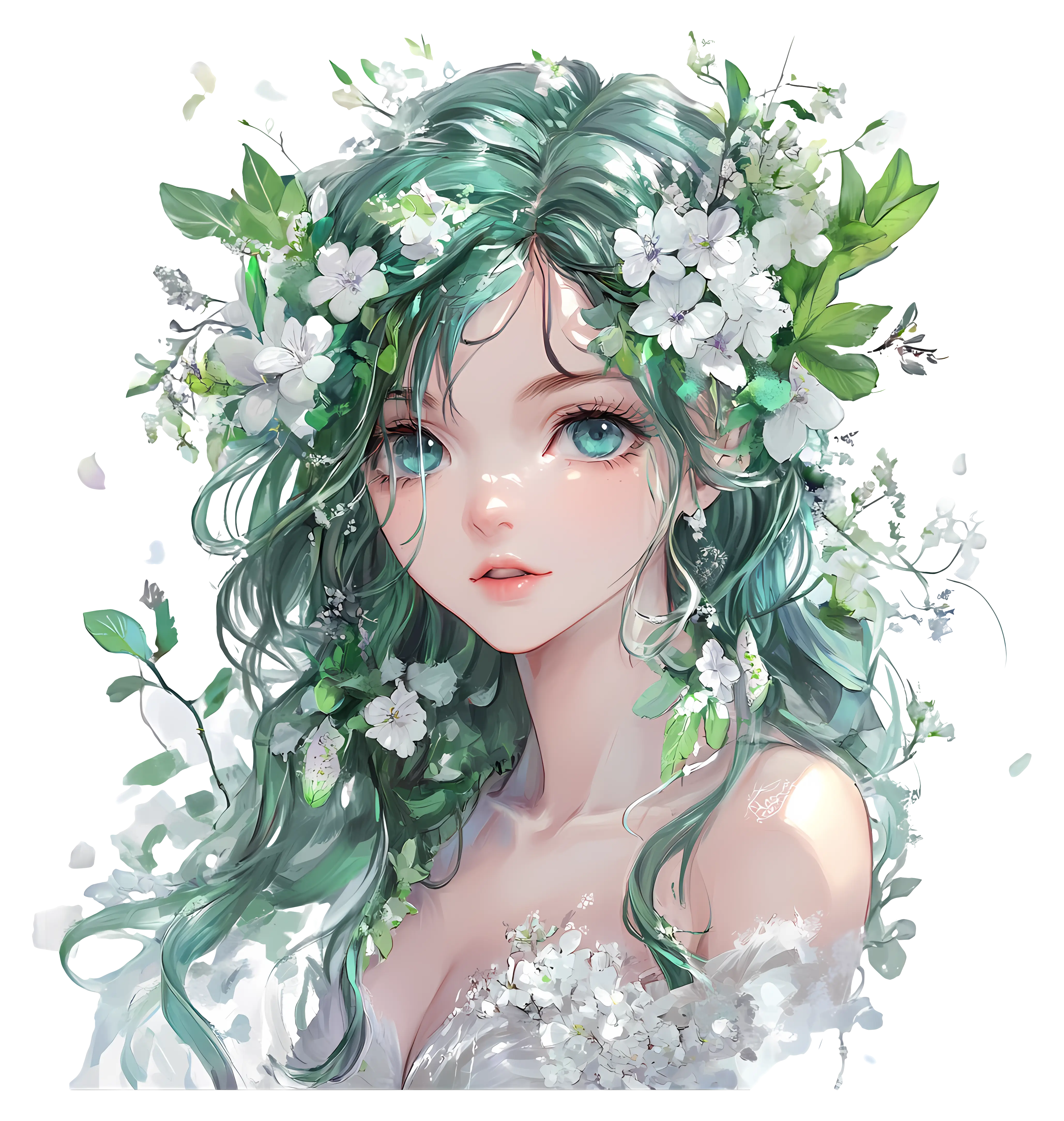 Floral Girl with Green Hair