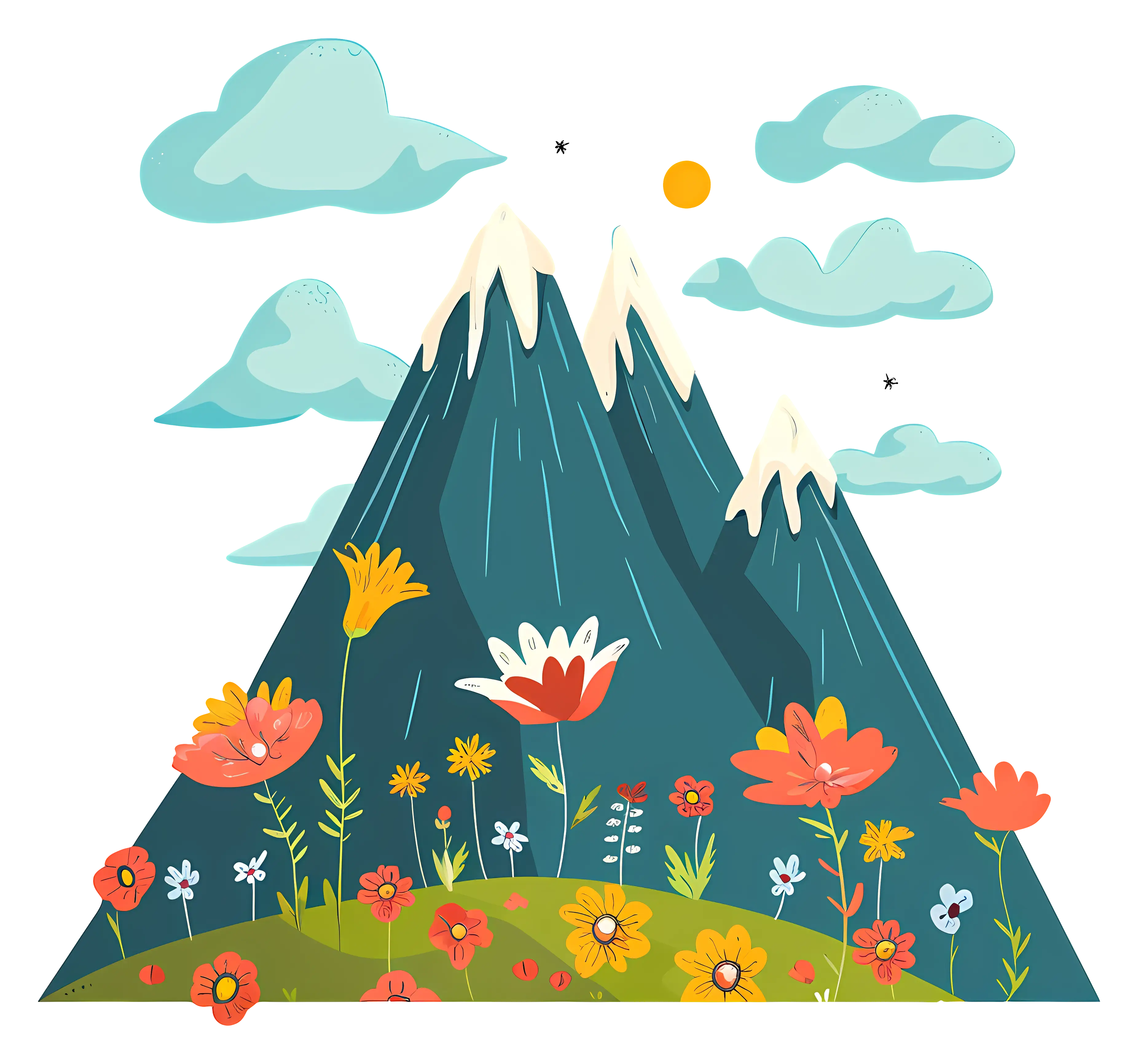 Mountains and Flowers Illustration in Bright Colors