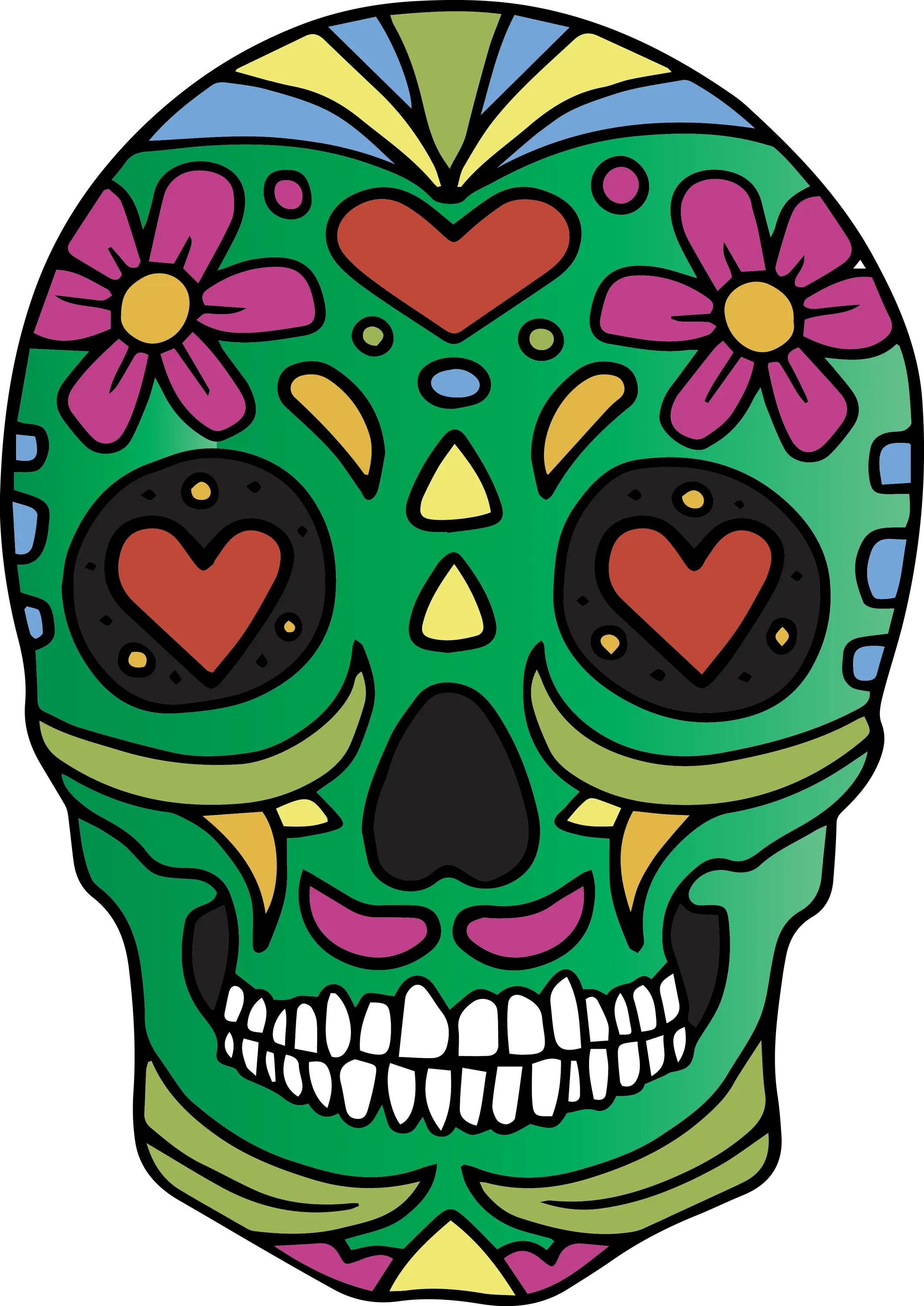 Green Sugar Skull with Heart and Flower Art for Day of the Dead