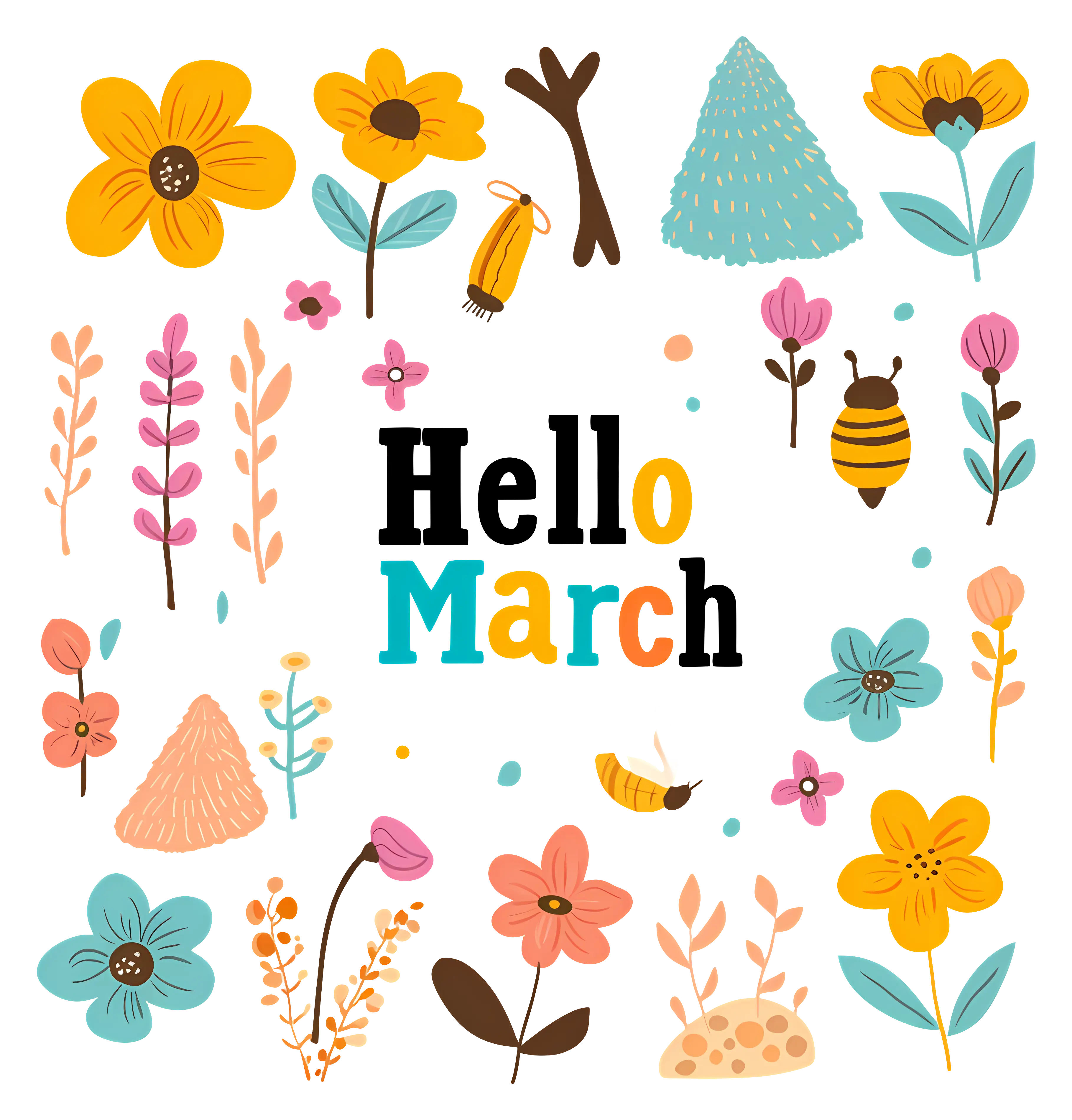 Cheerful &#039;Hello March&#039; Design with Colorful Flowers