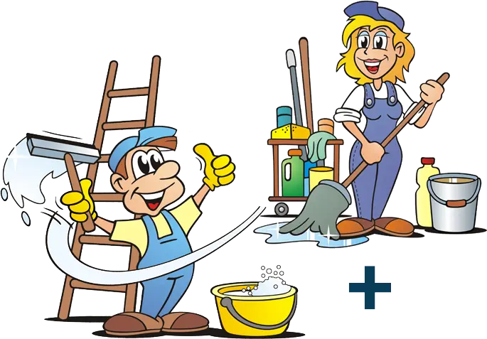 Cartoon Cleaning Workers with Supplies