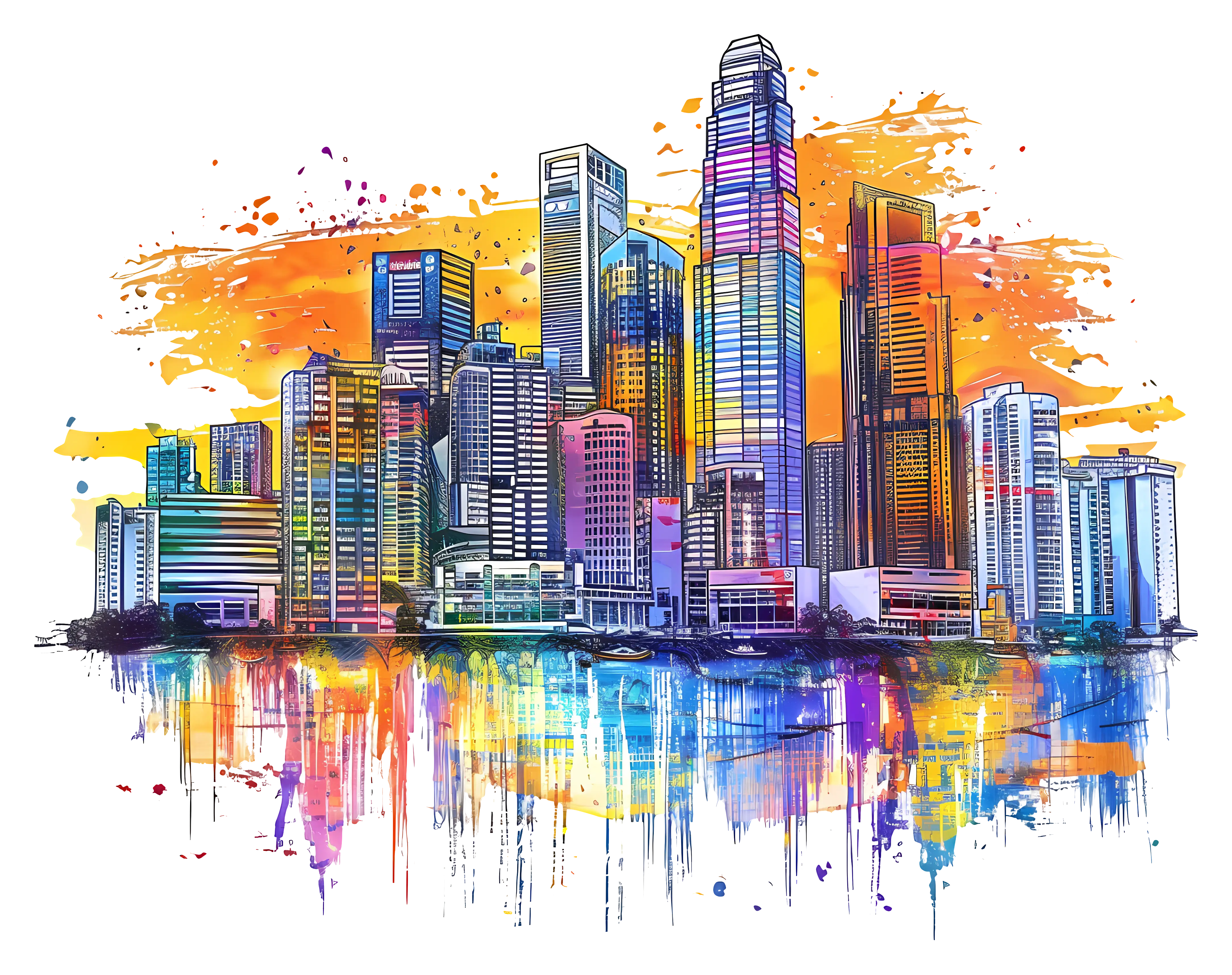Colorful Cityscape with Vibrant Reflections