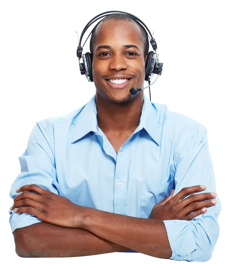 Smiling Man with Headset in Blue Shirt