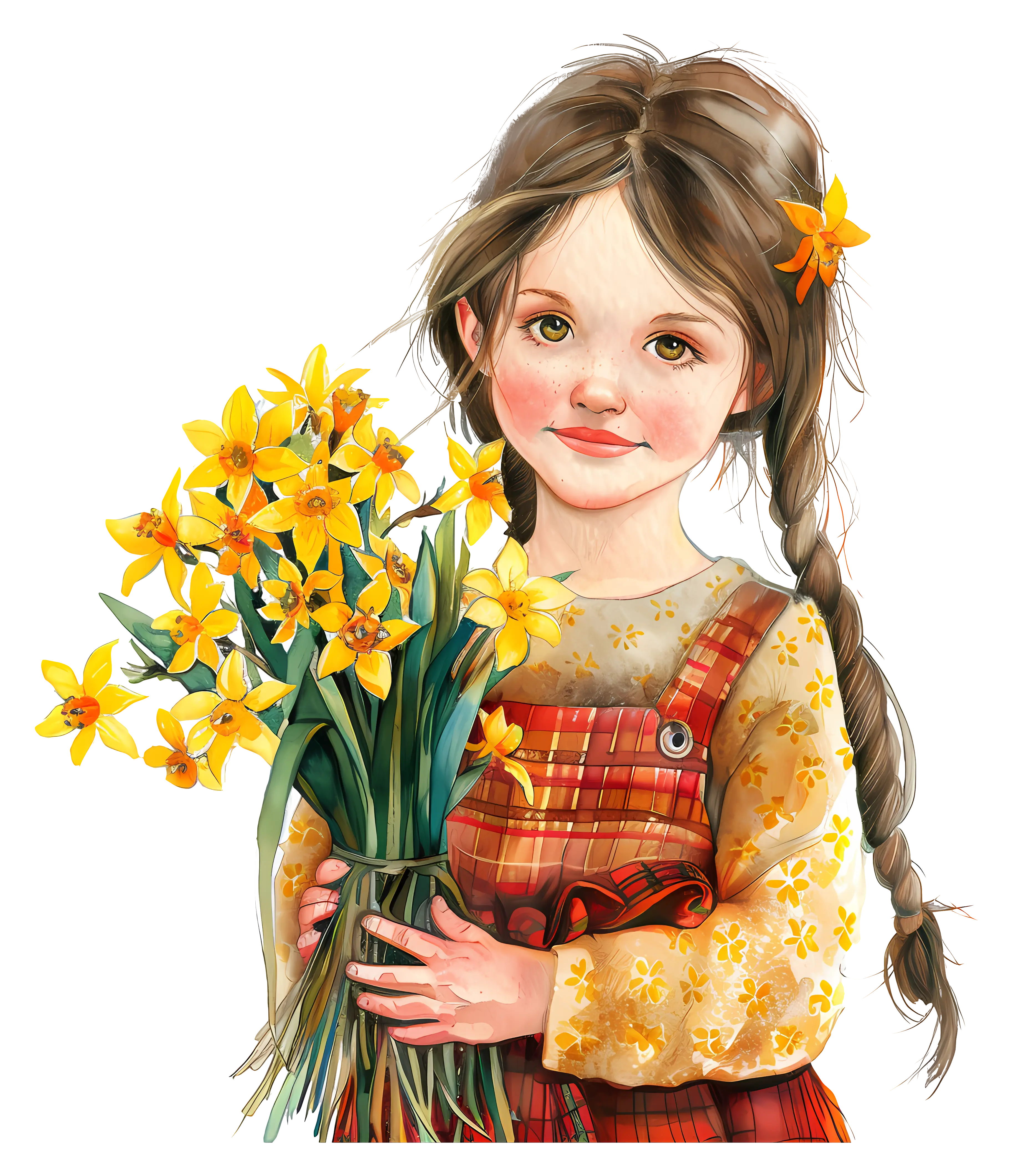 Girl Holding Daffodil Flowers Illustration