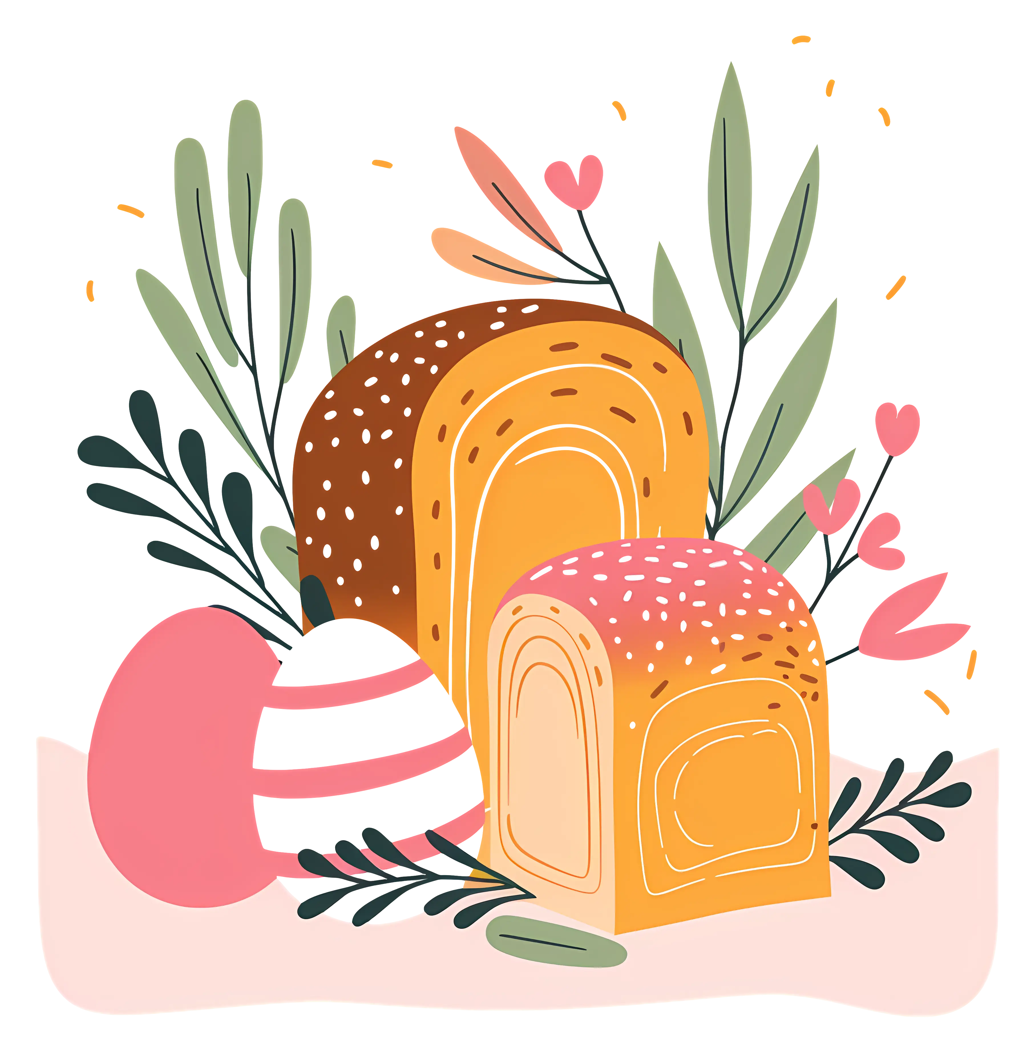 Bread and Eggs with Leaves and Flowers
