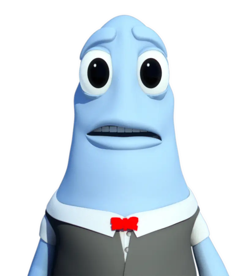 Blue Animated Character with Red Bow Tie