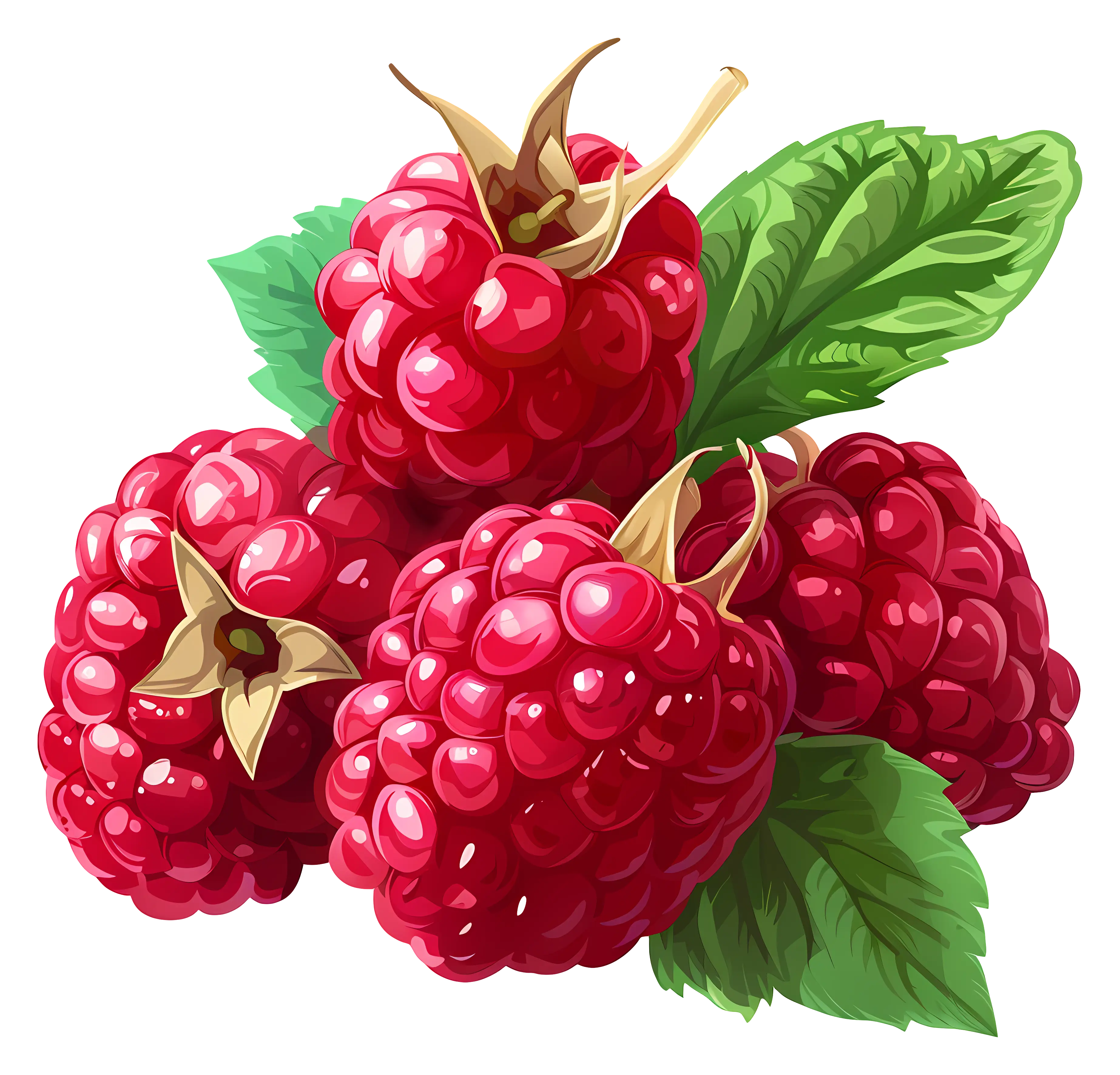 Cluster of Red Raspberries with Green Leaves Illustration
