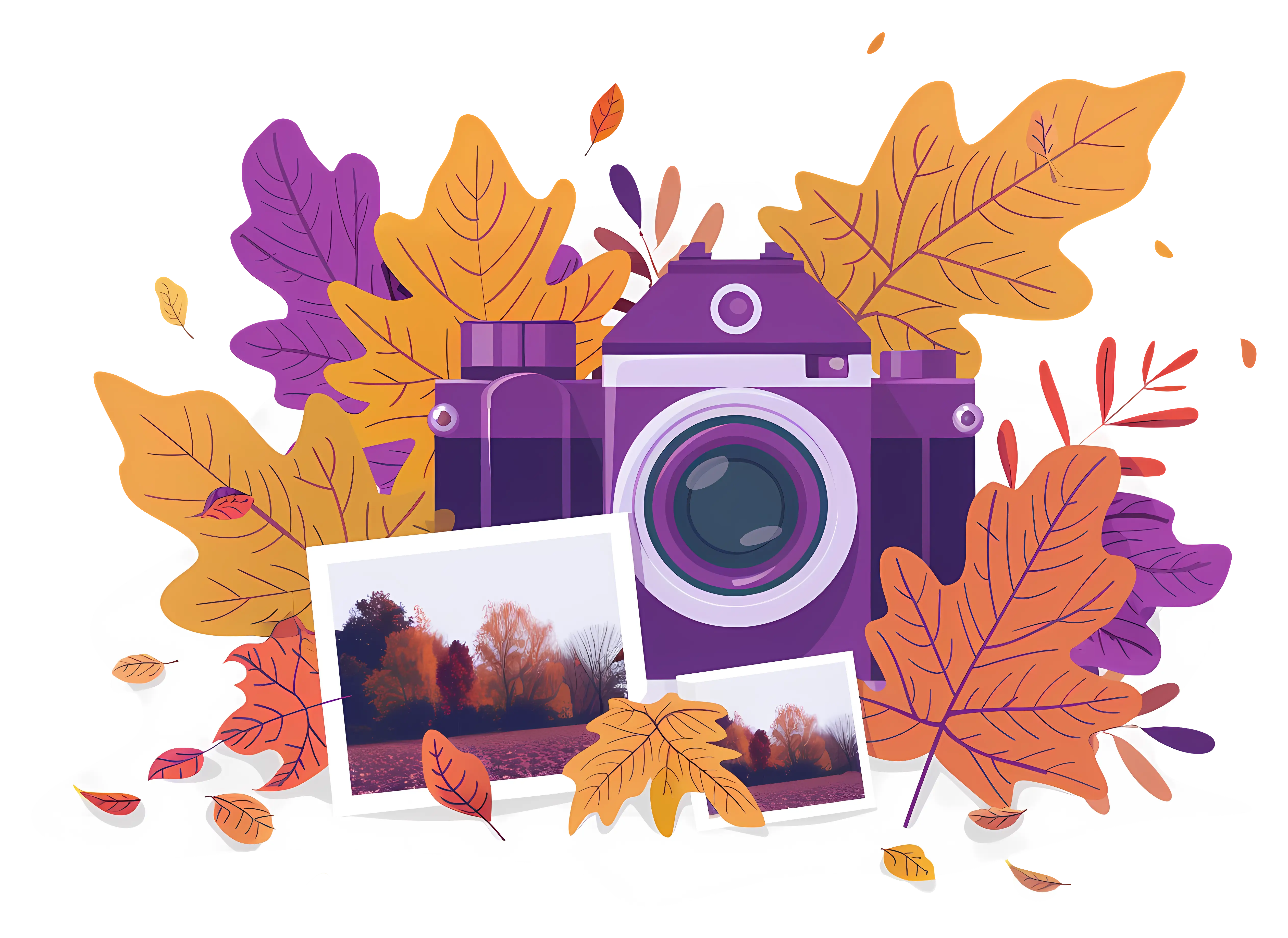 Purple Camera Surrounded by Autumn Leaves and Pictures