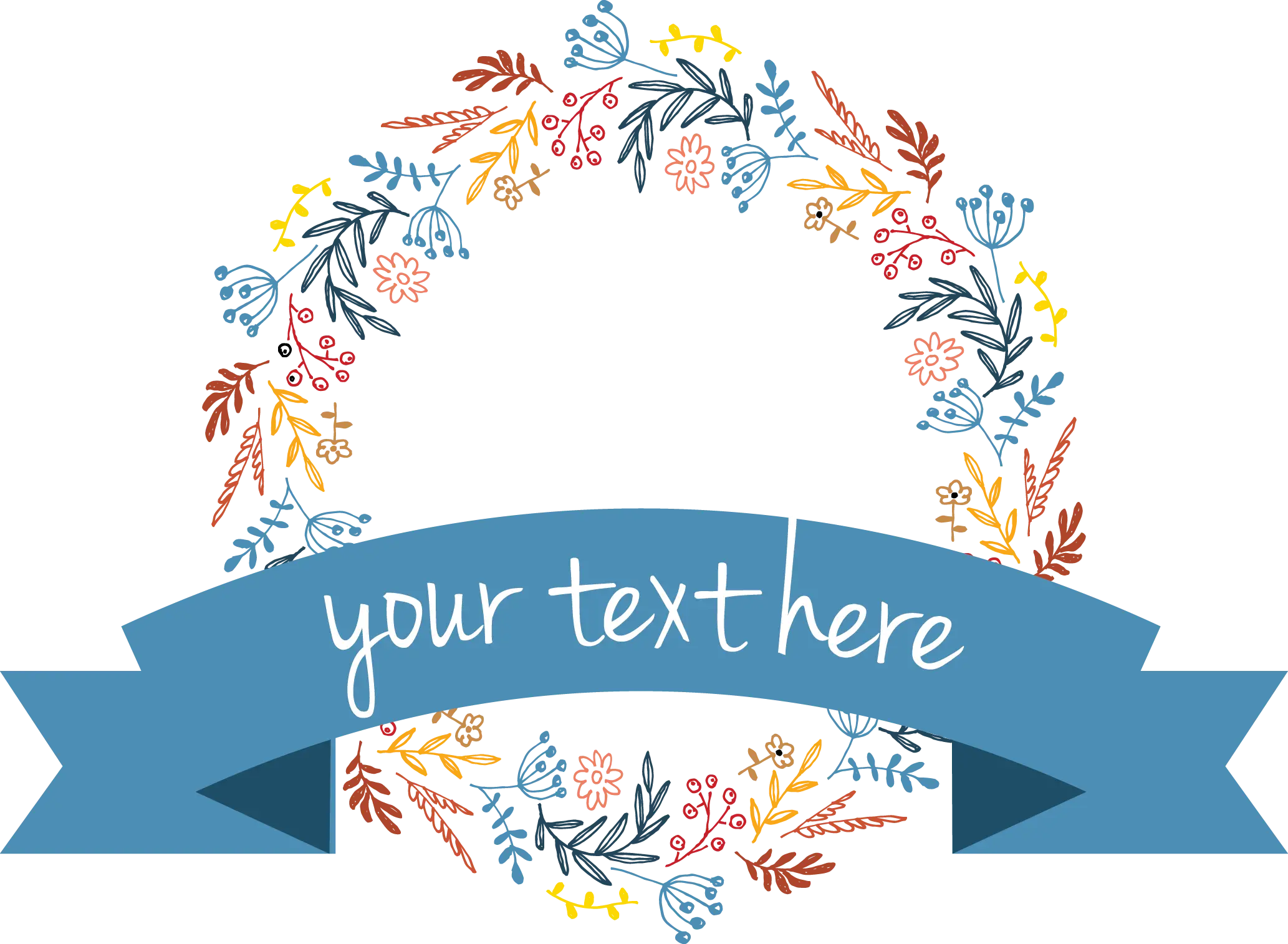 Floral Wreath with Blue Ribbon for Custom Text
