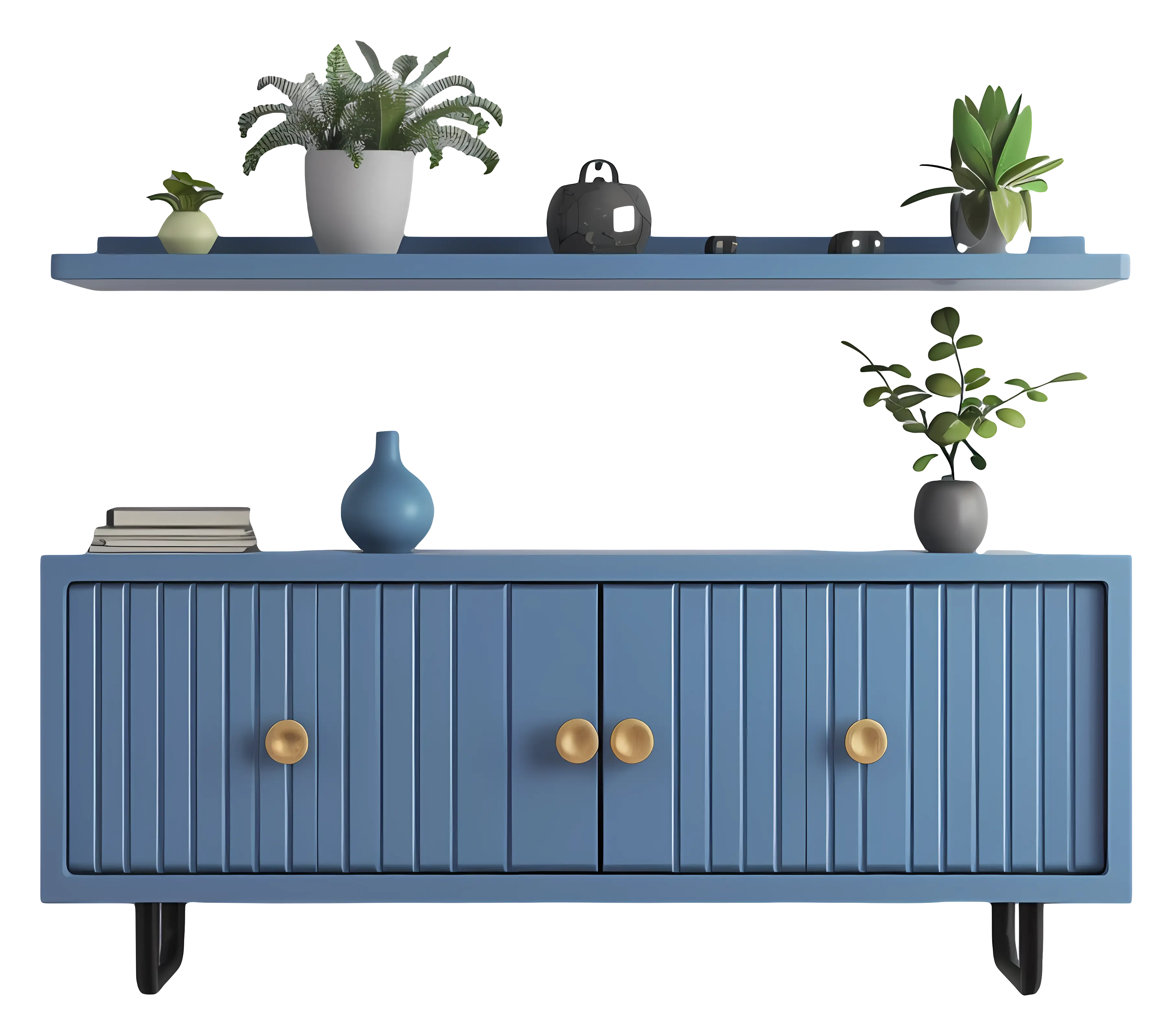 Blue Cabinet with Shelf and Plants