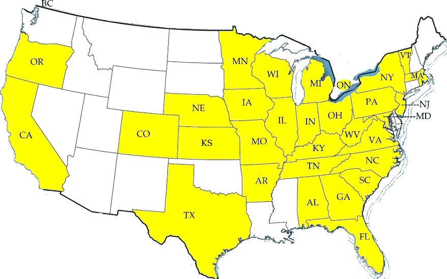 Map of USA with Highlighted States