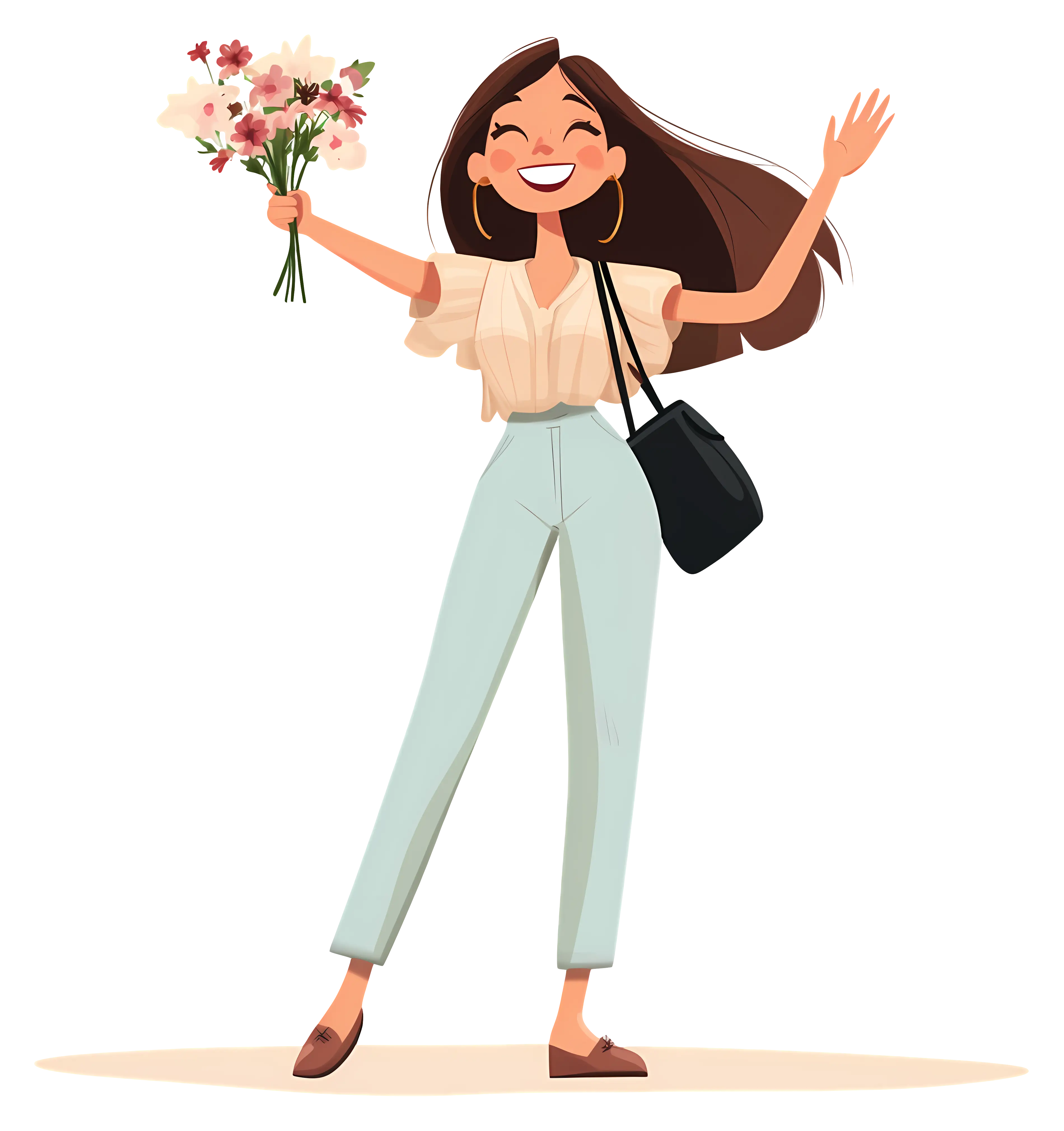 Happy Woman Holding Flowers in a Cheerful Mood