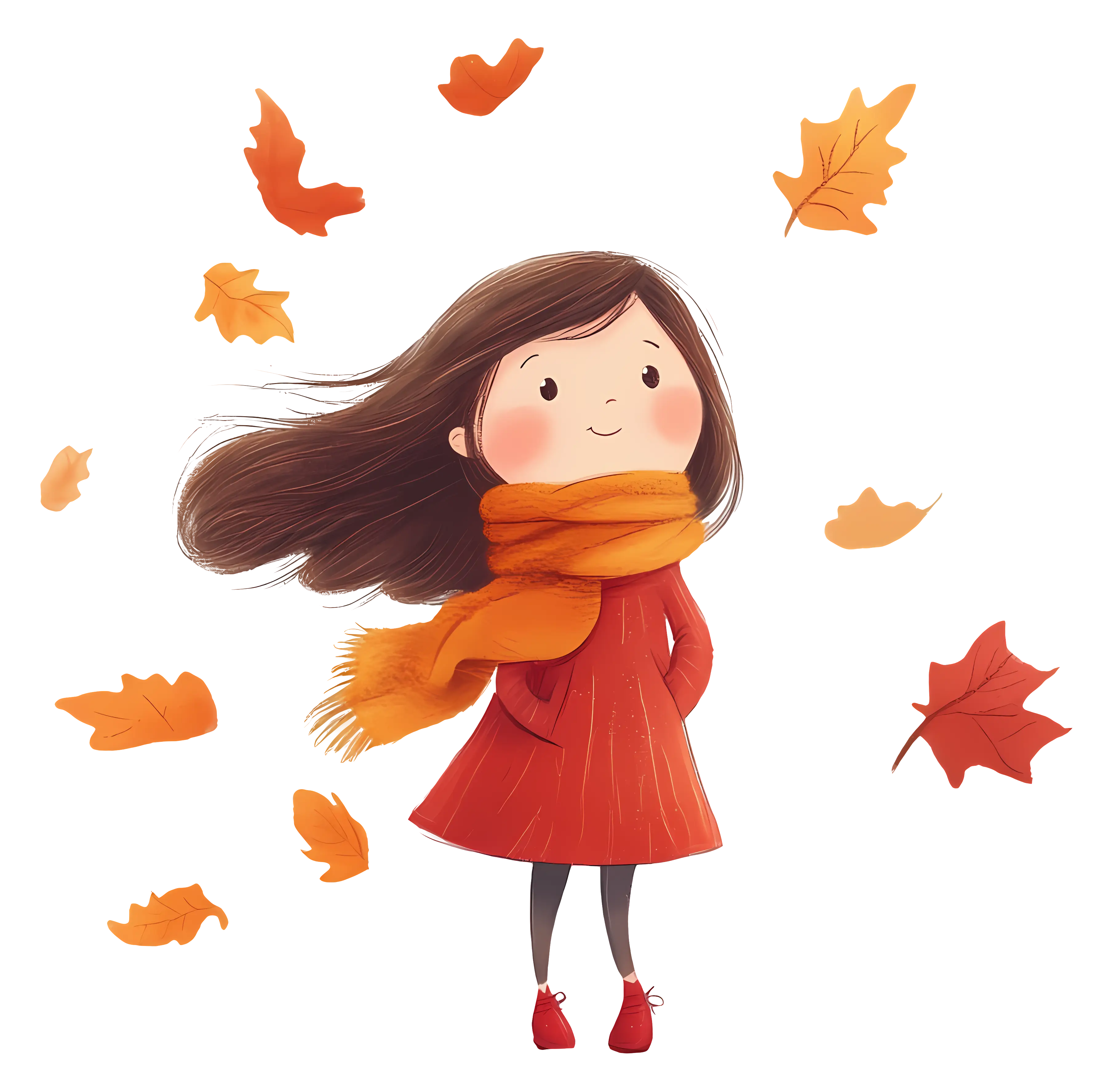 Autumn Girl Illustration with Falling Leaves