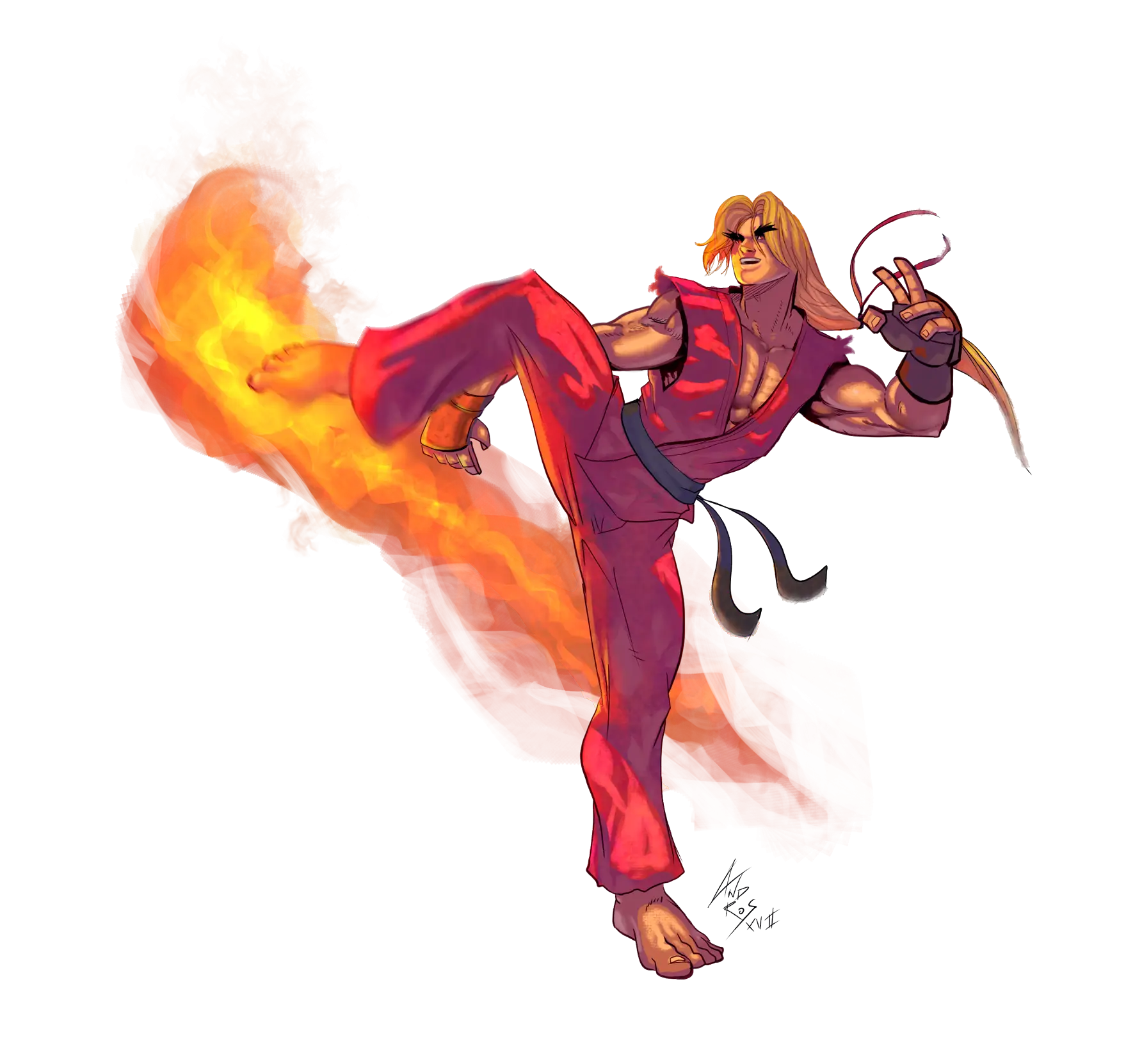 Martial Artist Performing a Fiery Kick