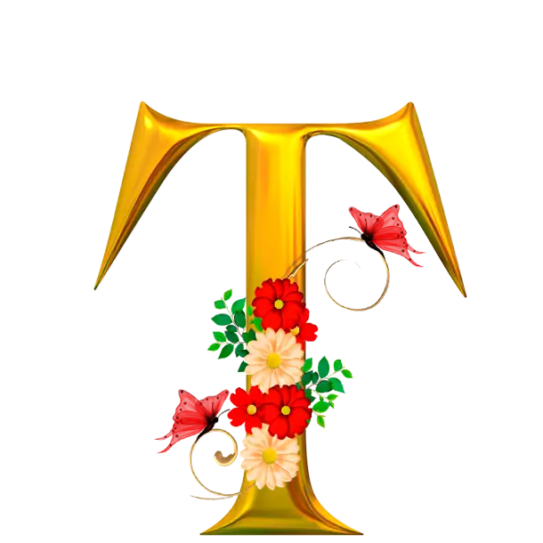 Golden Letter T with Flowers