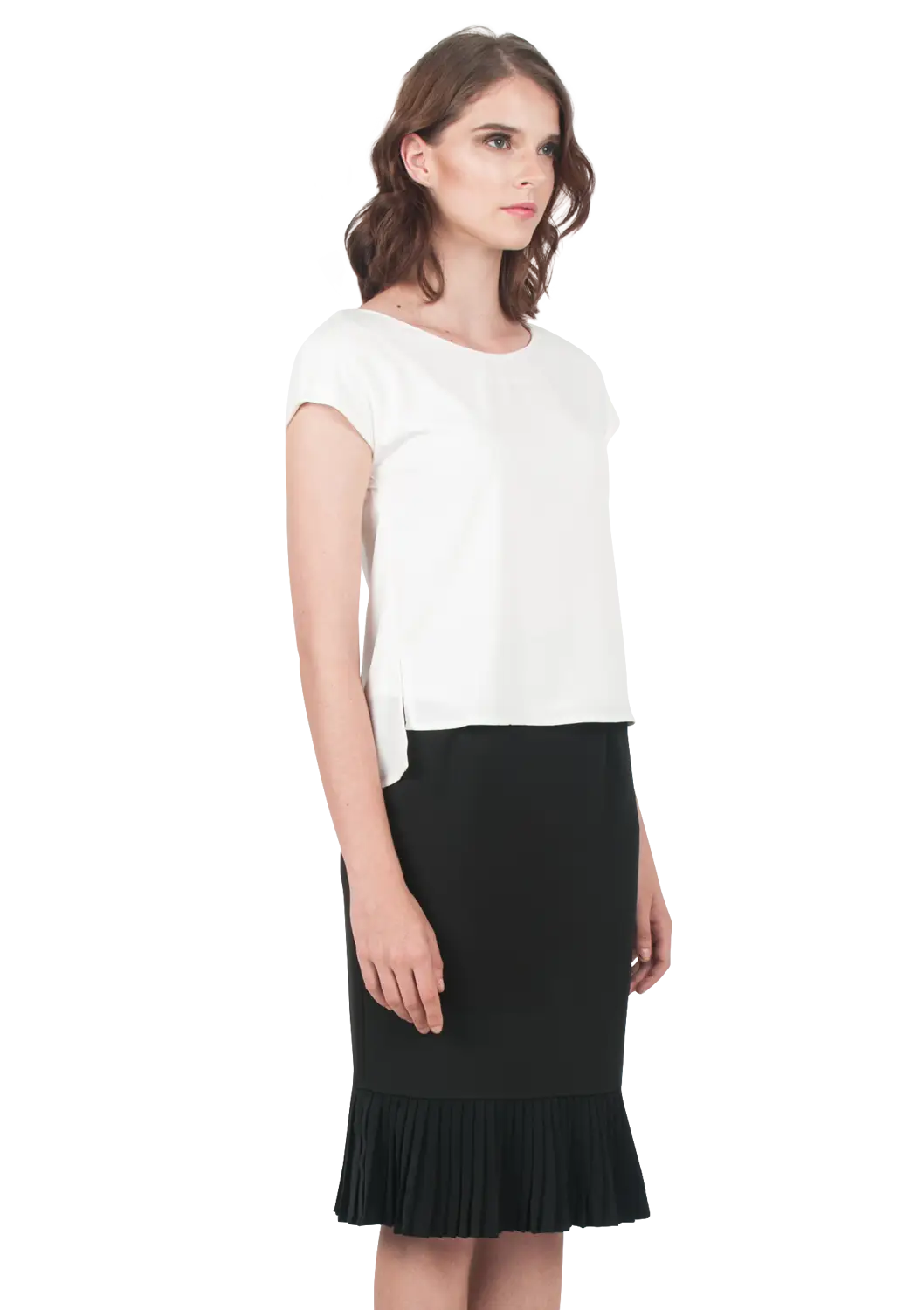 Woman in Elegant Formal Blouse and Skirt