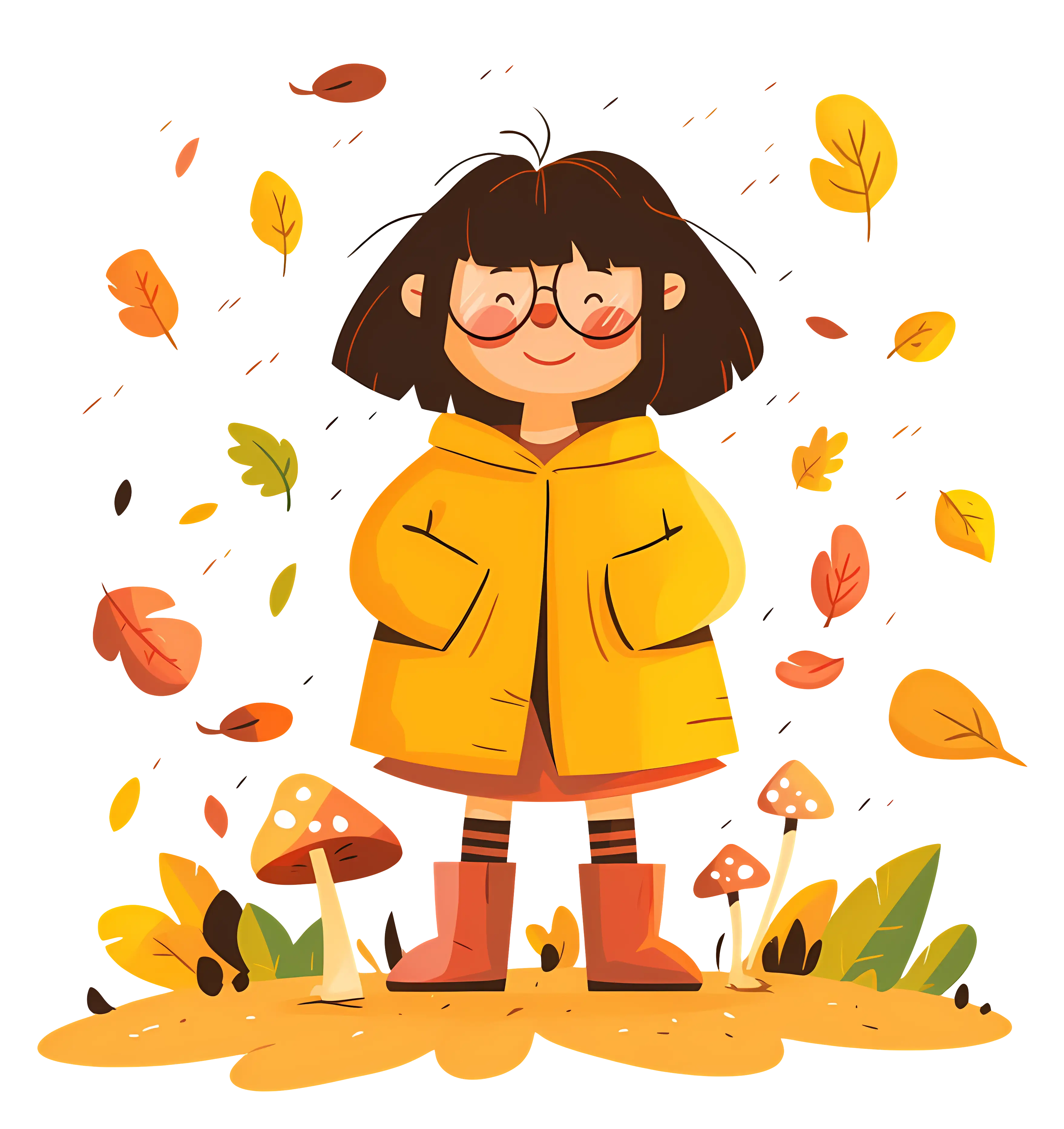 Girl in Yellow Coat with Autumn Leaves