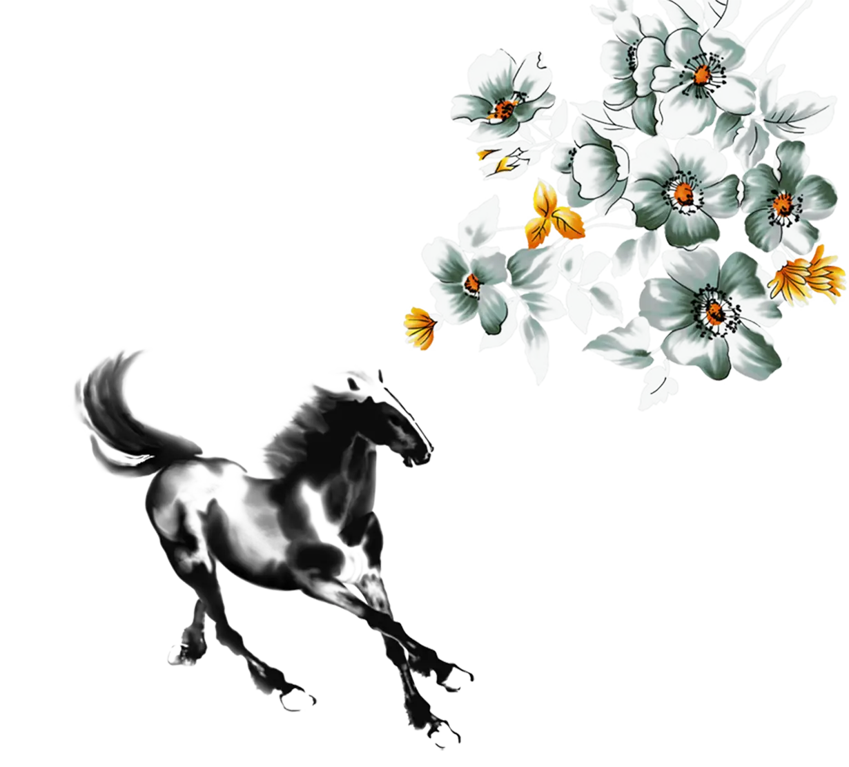 Graceful Black and White Horse with Flowers