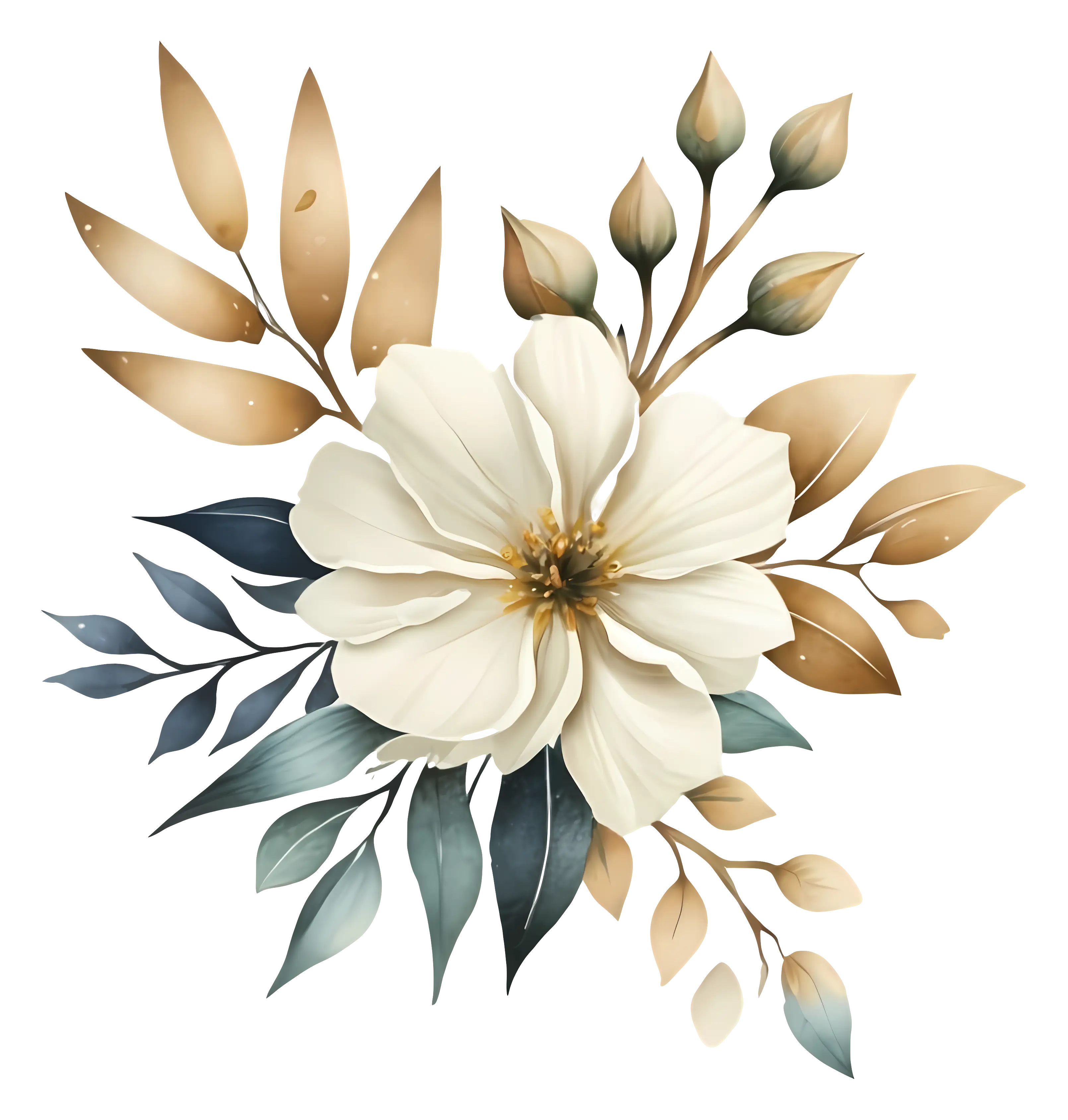 Elegant White Flower with Gold Leaves Illustration