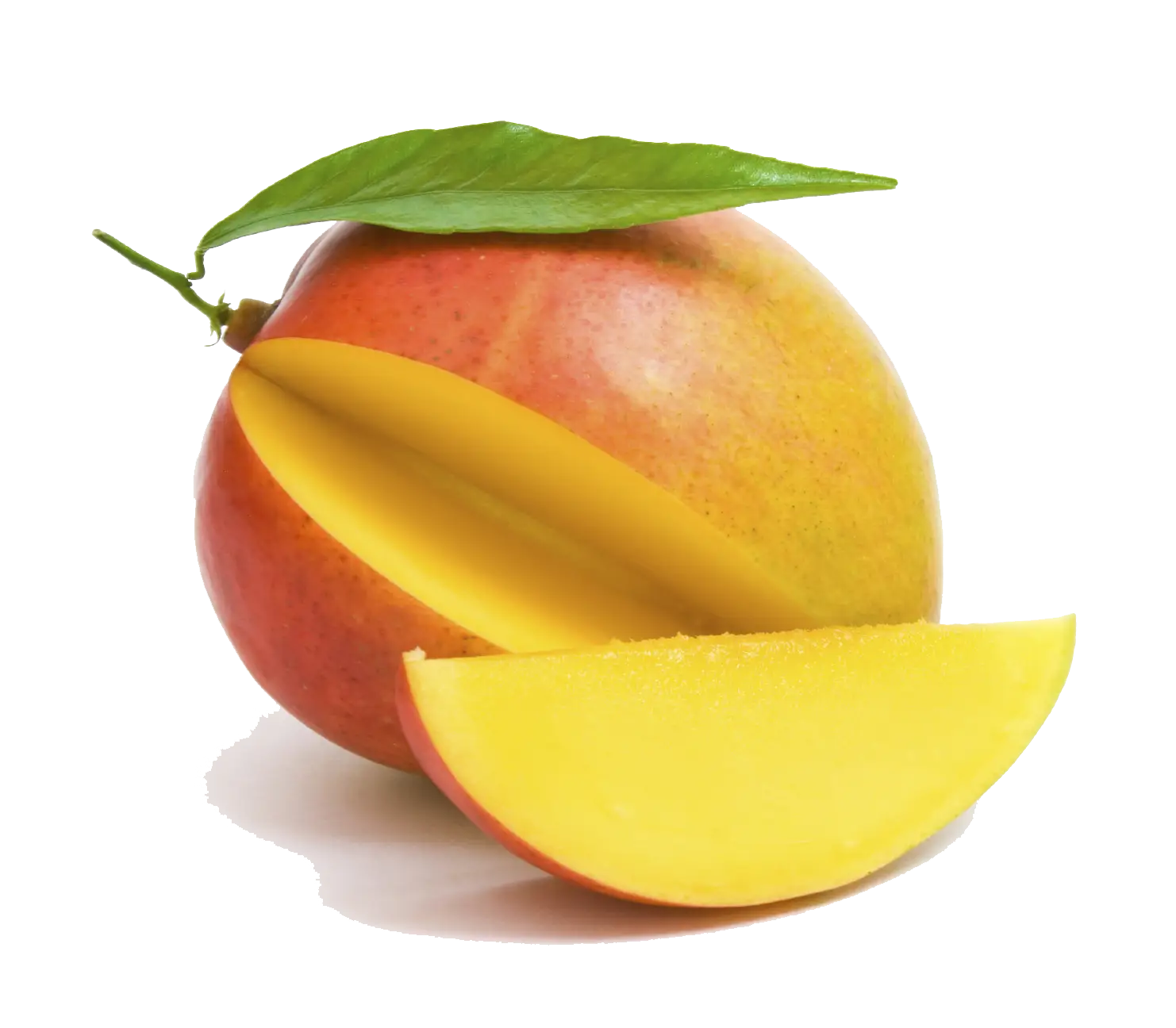 Ripe Mango with Slice and Leaf