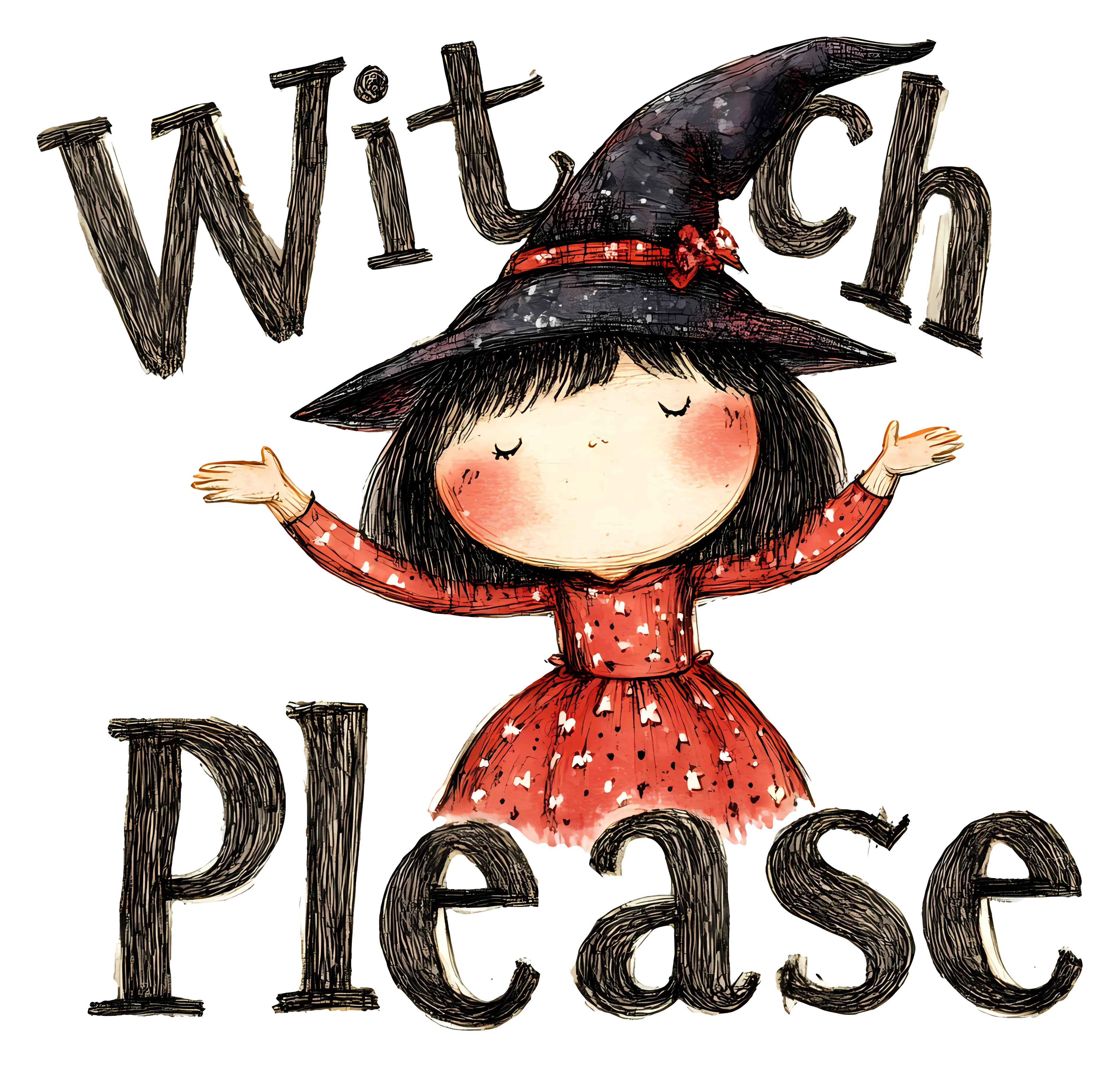 Witch in Red Dress with &#039;Witch Please&#039;