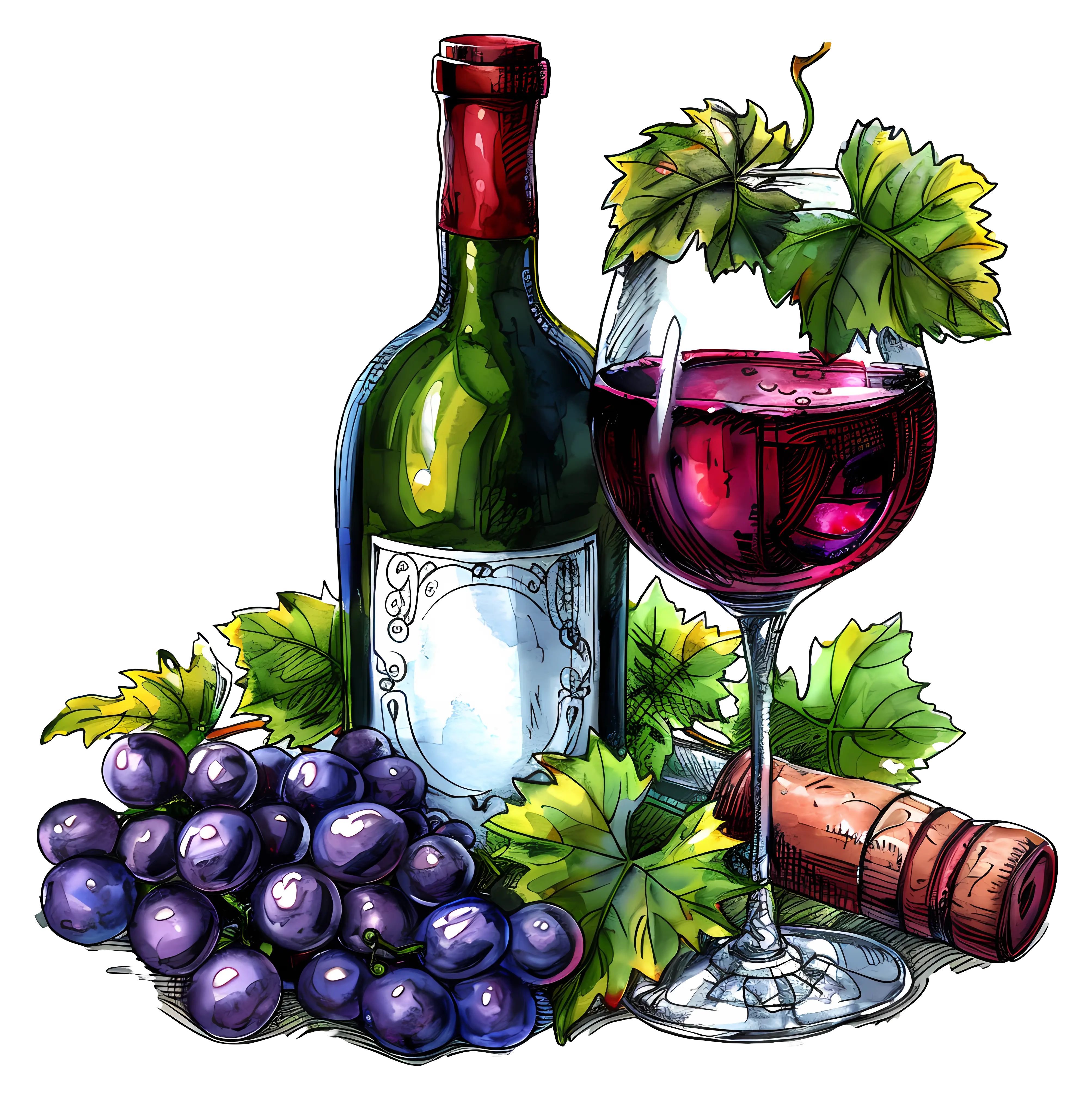 Wine Bottle with Grapes and Glass Art