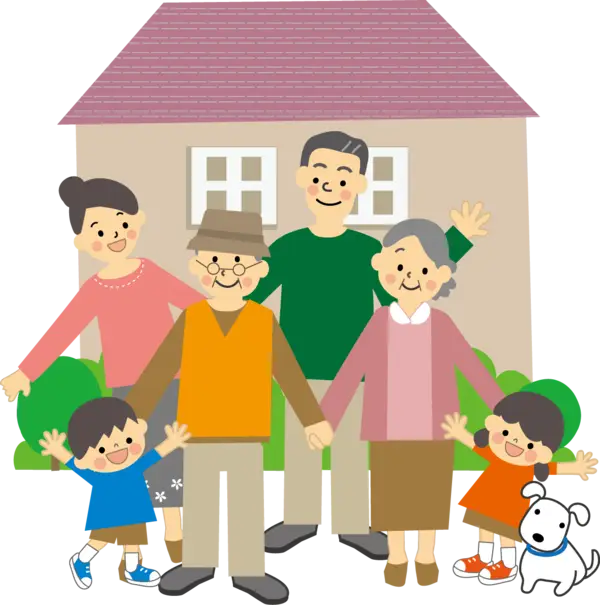 Happy Cartoon Family in Front of House