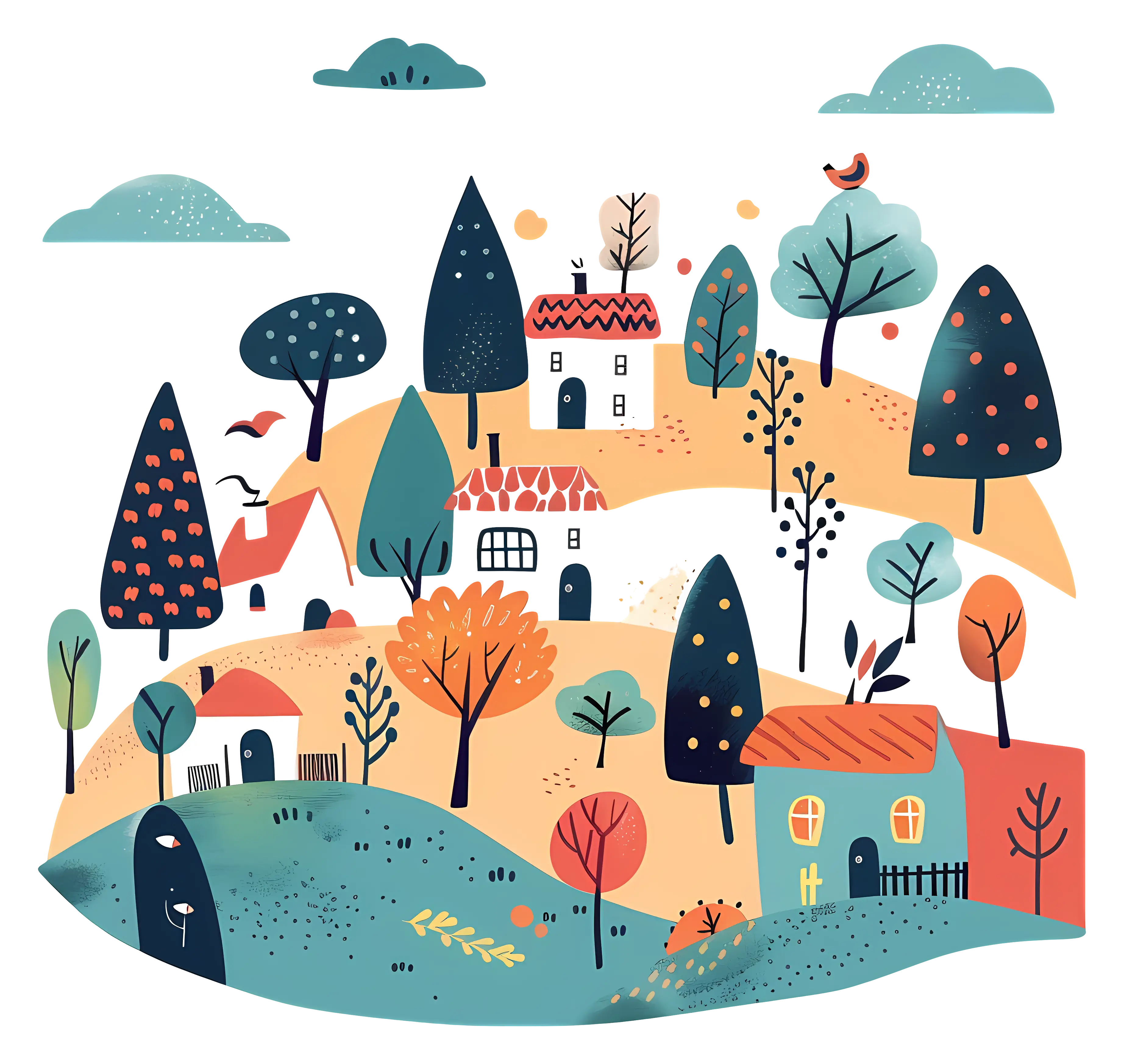 Cartoon Landscape with Cozy Houses and Nature