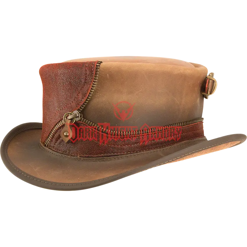 Brown Leather Steampunk Hat with Decorative Zipper