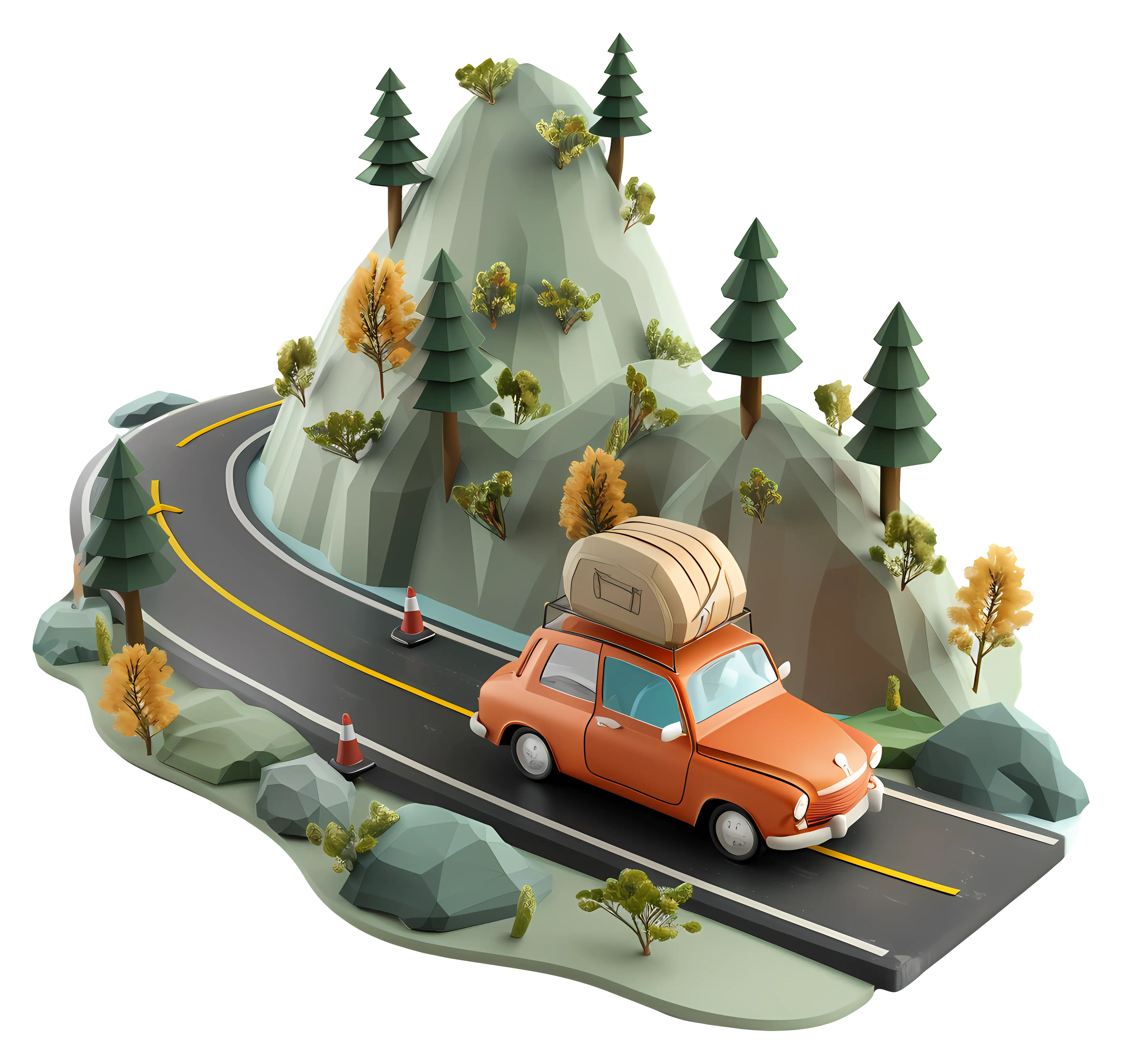 Orange Car on a Road Trip in a Mountainous Area