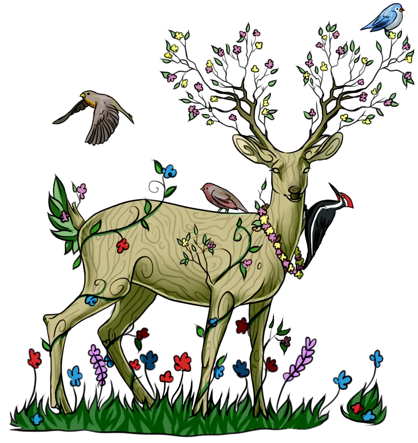 Woodland Deer with Birds and Flowers