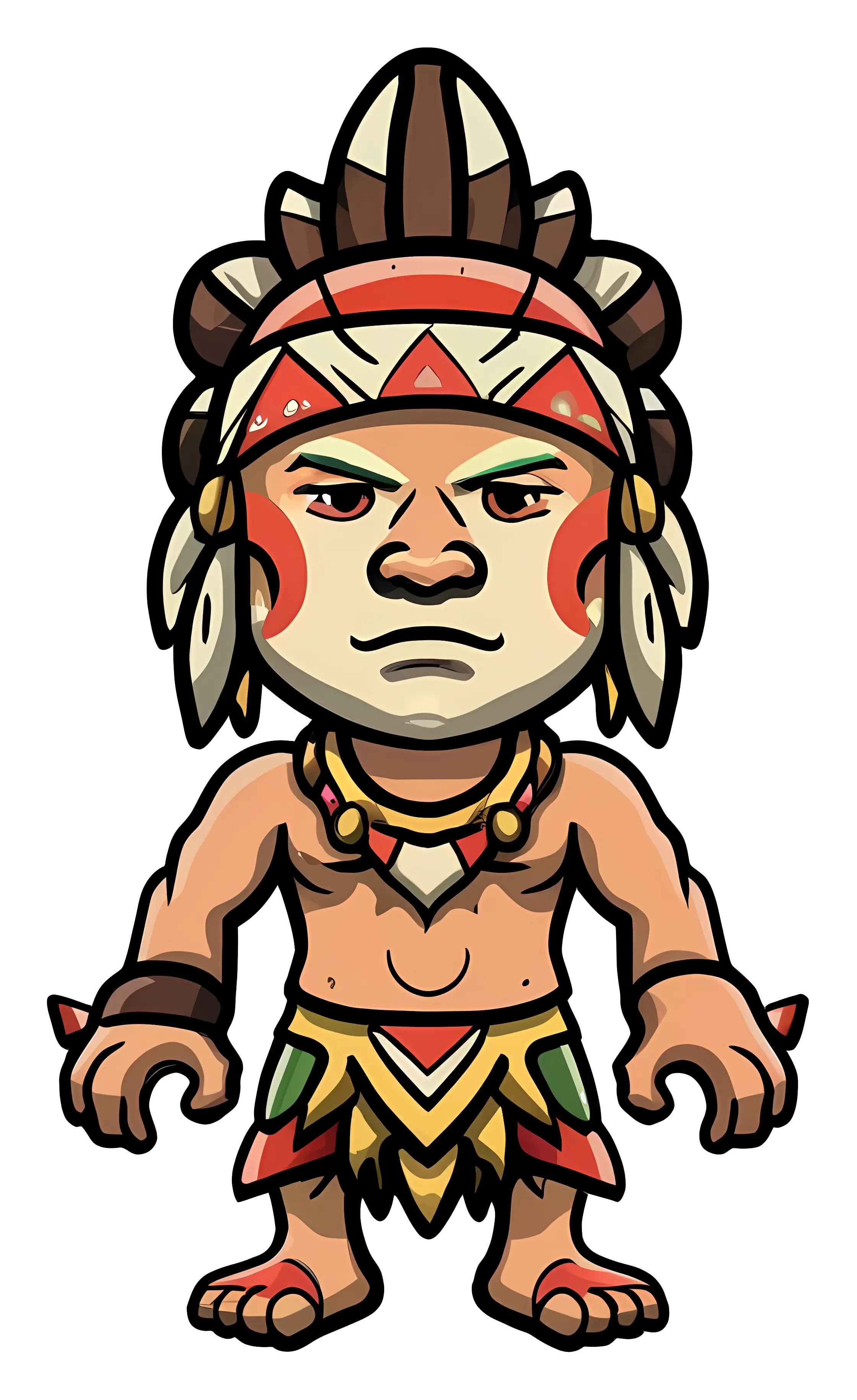 Cartoon Illustration of Tribal Warrior in Traditional Attire