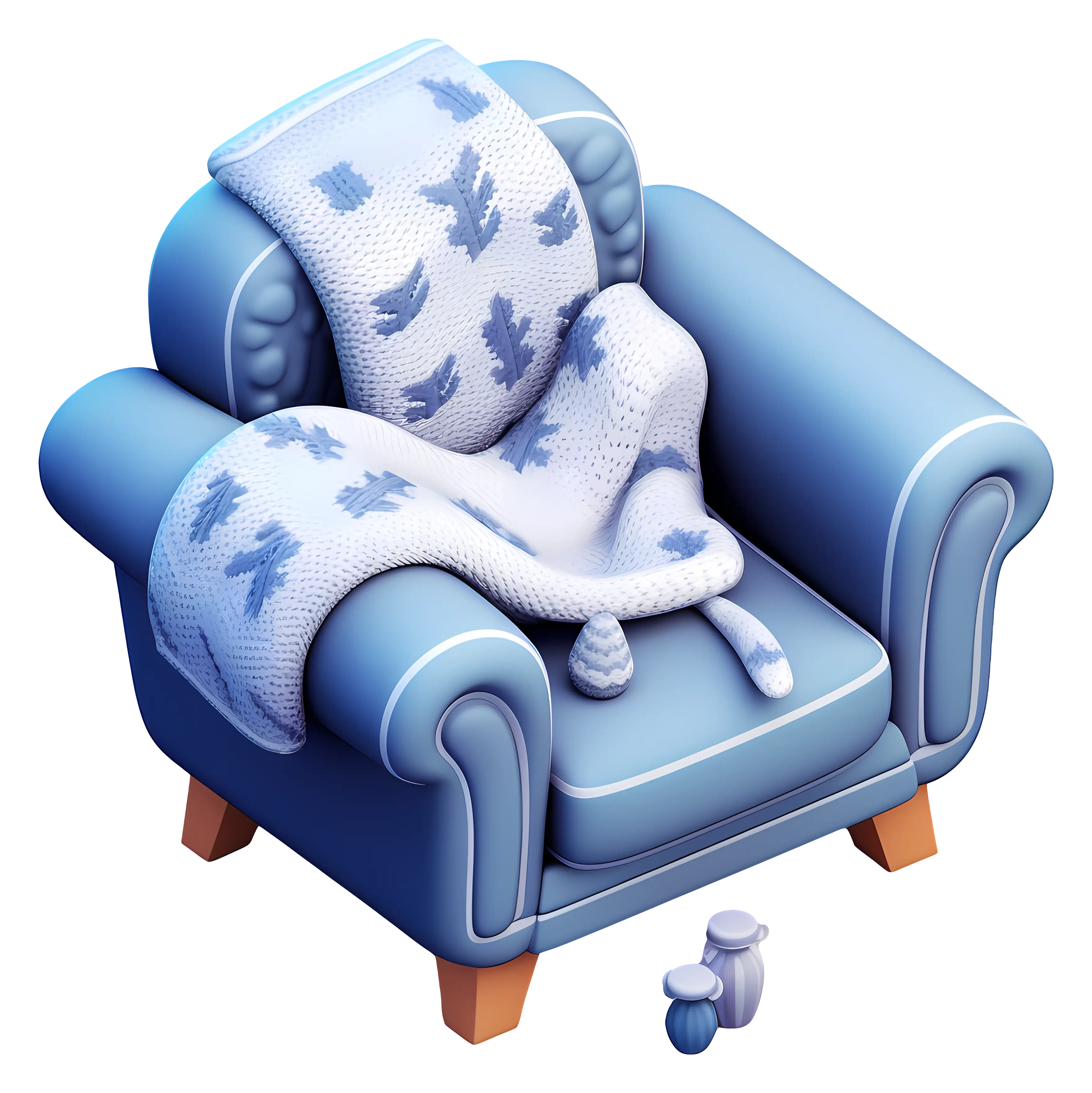 Cozy Blue Armchair with Knitted Blanket and Slippers