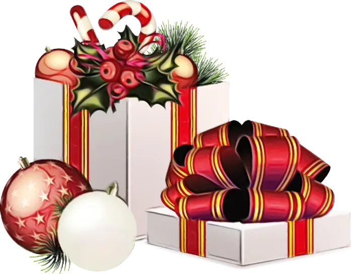 Christmas Gifts with Red Ribbons and Ornaments