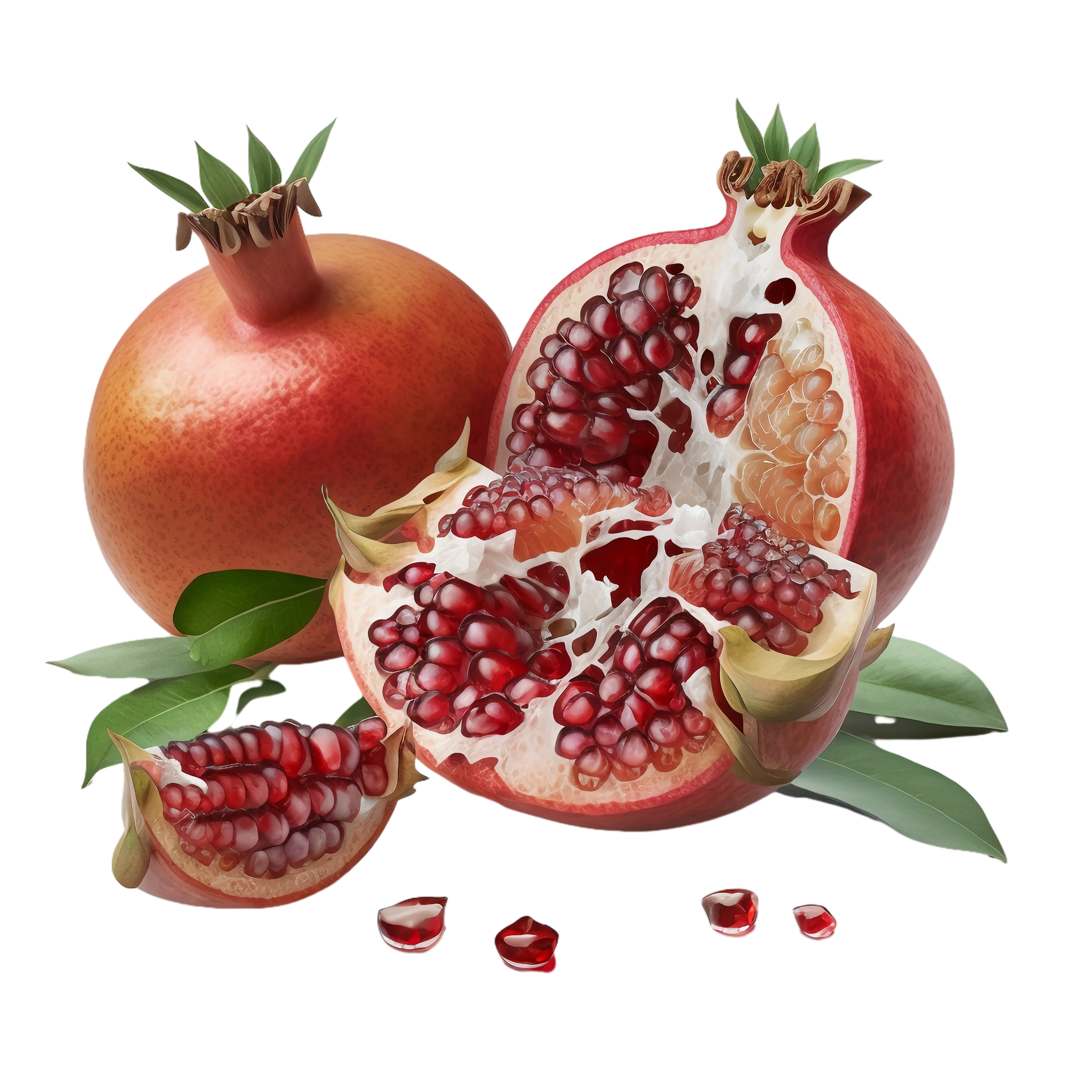 Juicy Pomegranate with Seeds and Leaves