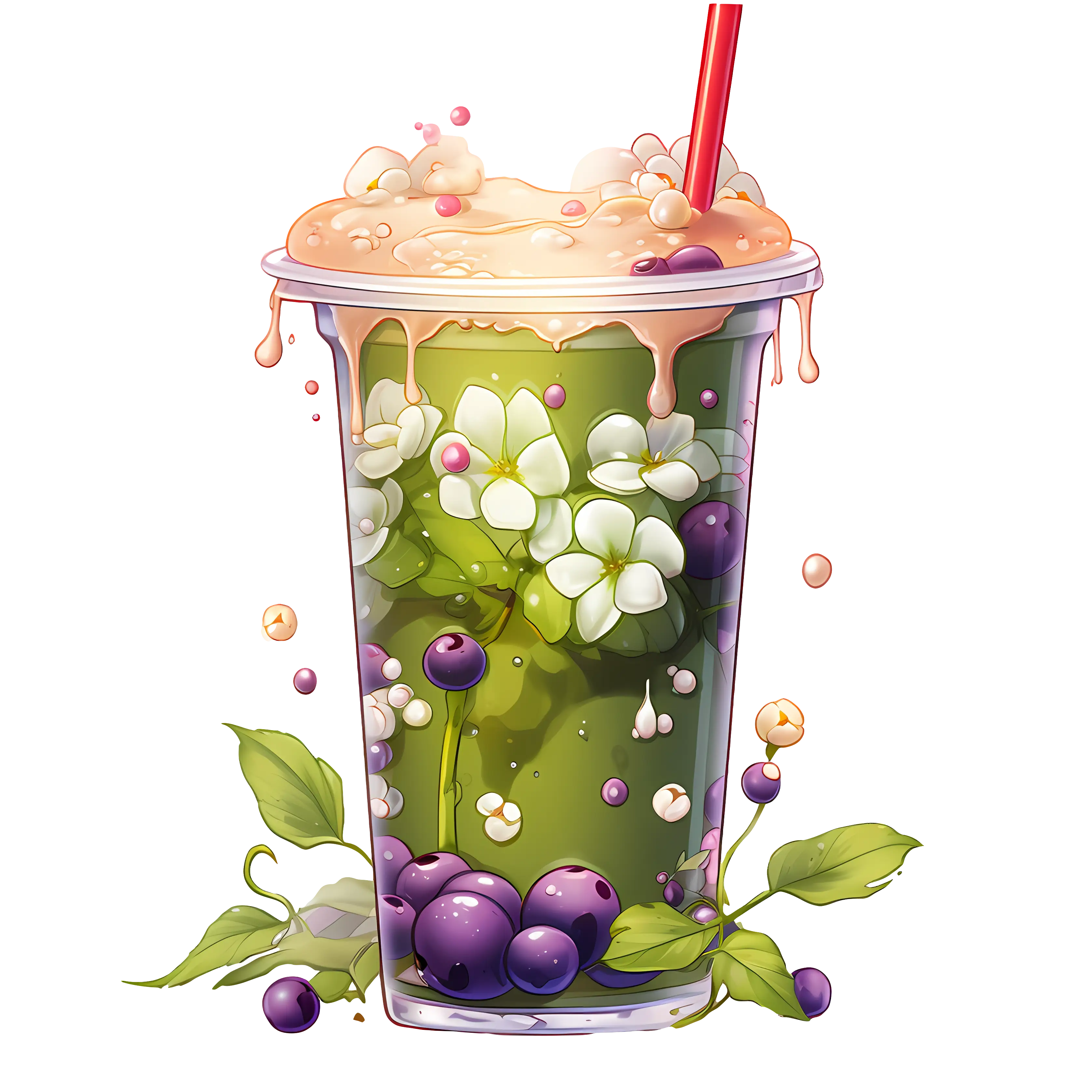 Green Smoothie Cup with Blueberries and Floral Details